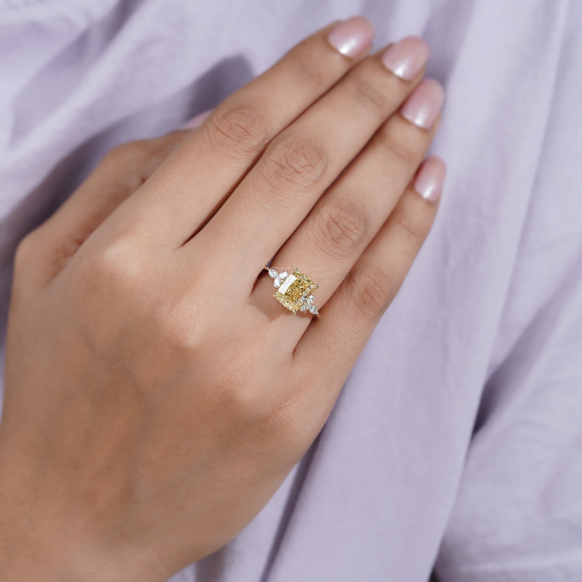 3.30tcw Fancy Yellow Cushion Cut Diamond Engagement Ring | 3.00ct Center | Yellow Gold | Floral Side Diamonds