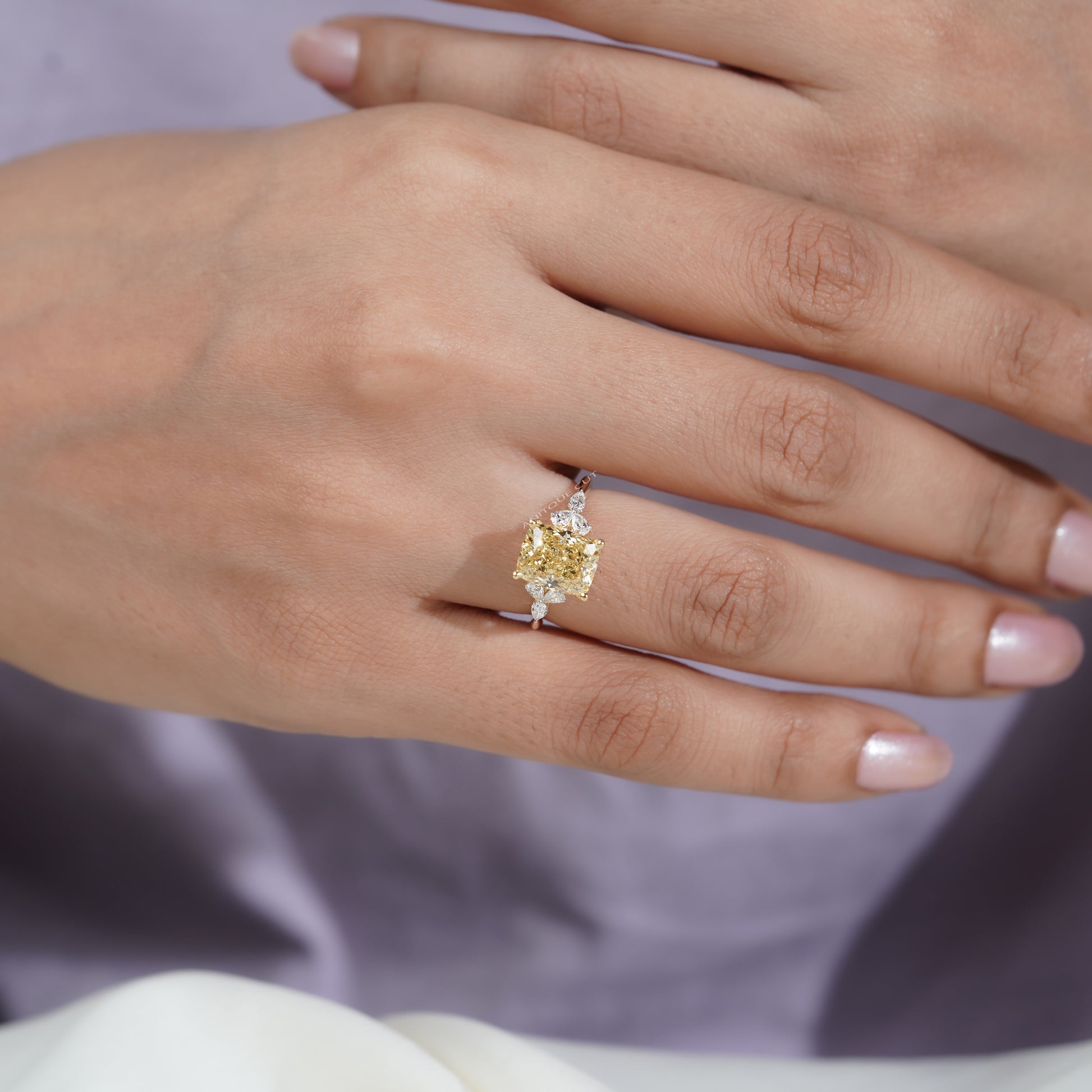 3.30tcw Fancy Yellow Cushion Cut Diamond Engagement Ring | 3.00ct Center | Yellow Gold | Floral Side Diamonds