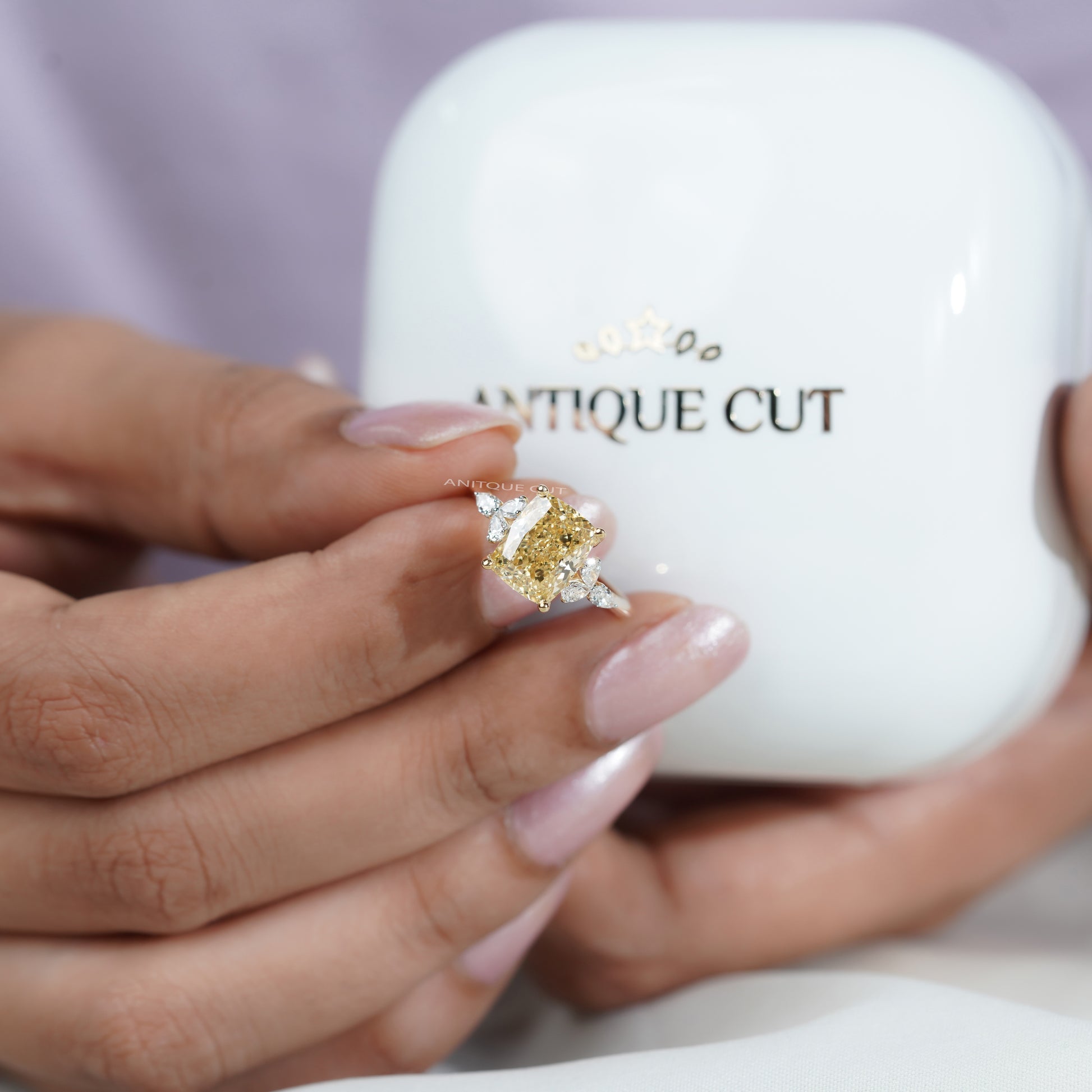 3.30tcw Fancy Yellow Cushion Cut Diamond Engagement Ring | 3.00ct Center | Yellow Gold | Floral Side Diamonds