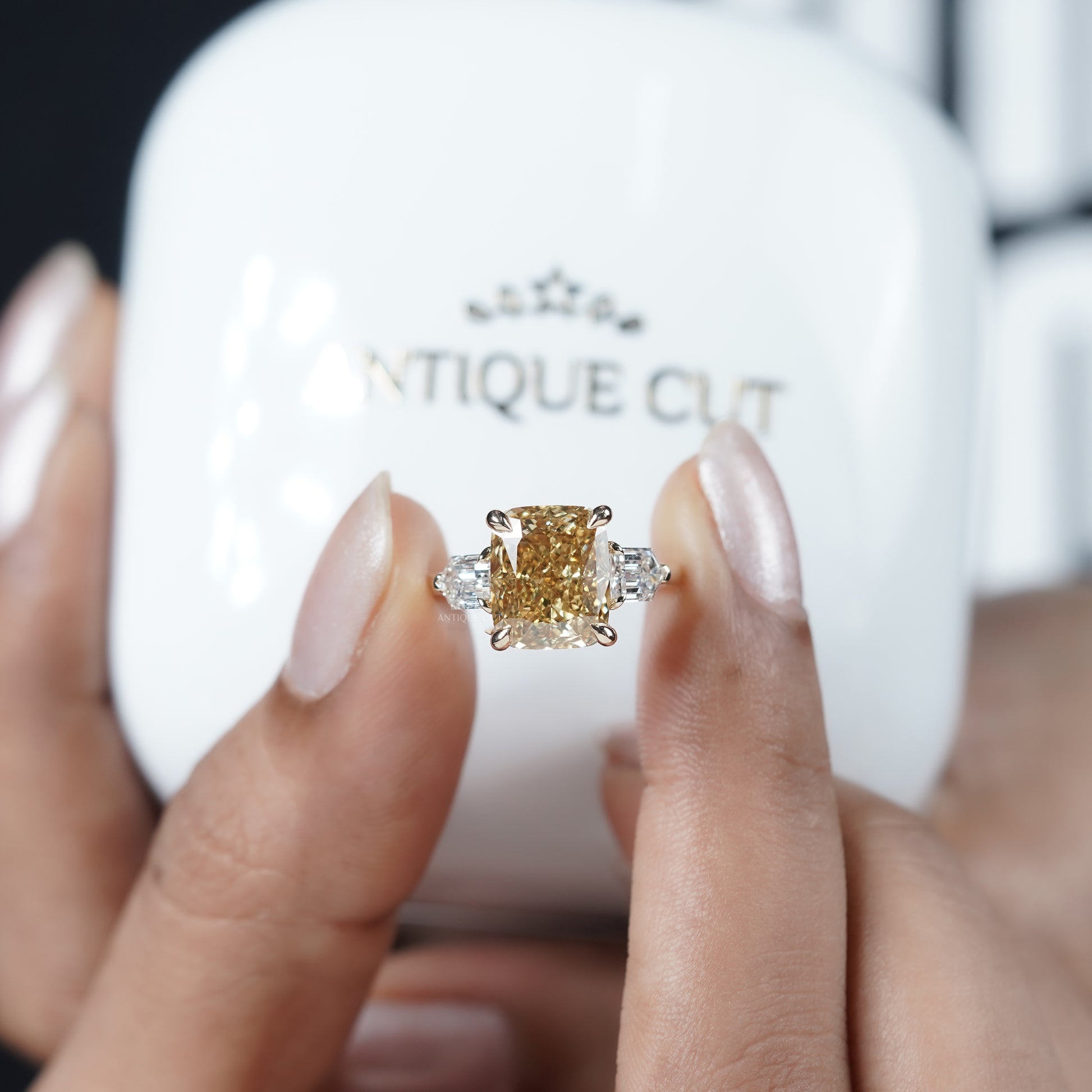 5.00ct Cushion Engagement Ring • 0.50ct Diamond Side Stones • Yellow Gold Cushion Cut Ring • Large 5ct Statement Bridal Ring