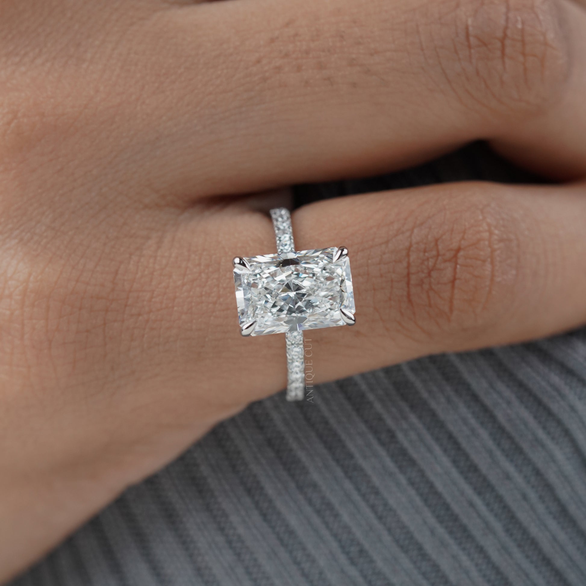 5.00ct Radiant Cut Diamond Engagement Ring | Hidden Halo with 0.70ct Side Stones | 14K Gold Solitaire Pave Band | Luxury Bridal Ring