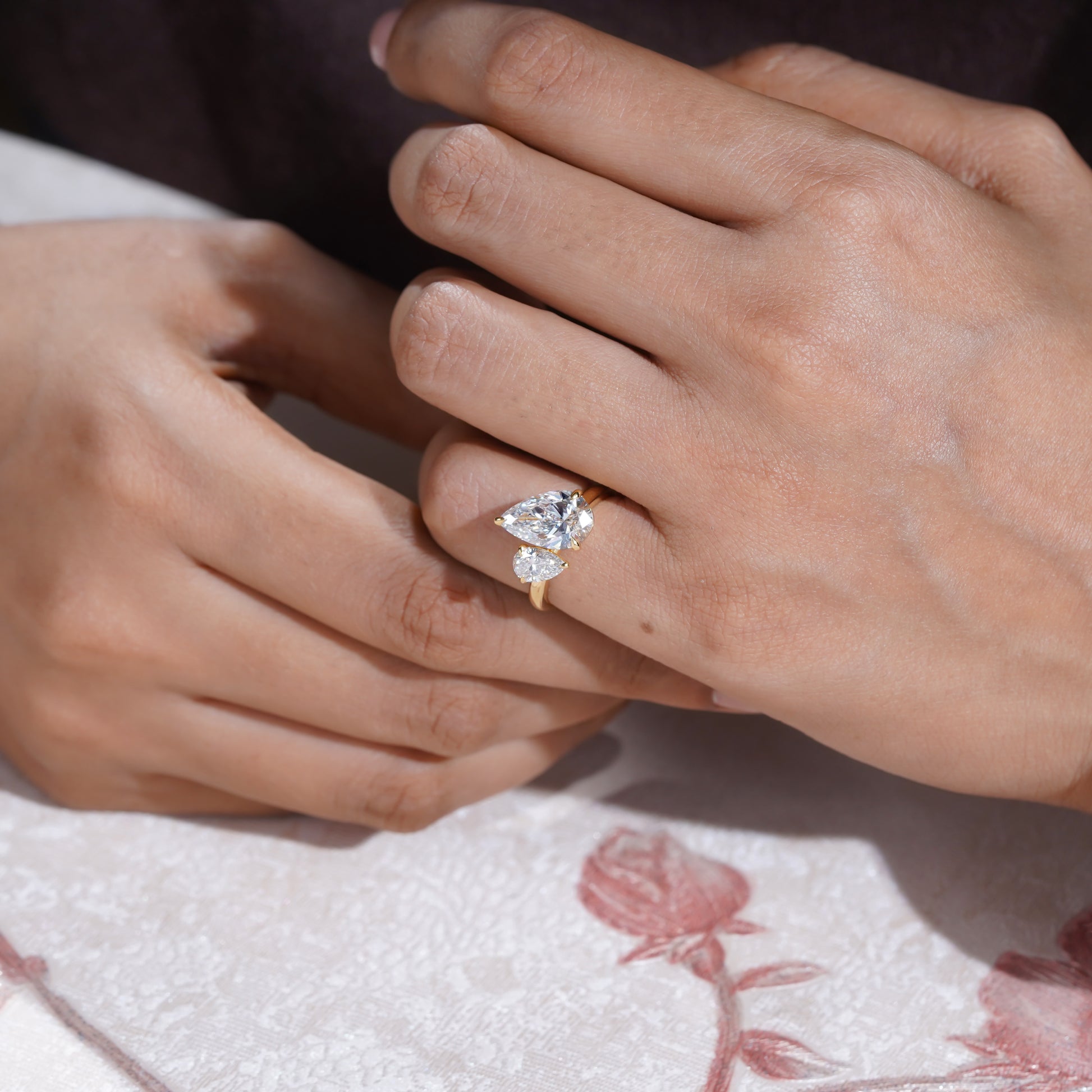 Pear Duo 4.00tcw Lab Diamond Ring | IGI Certified | Contemporary Toi Et Moi in Yellow Gold