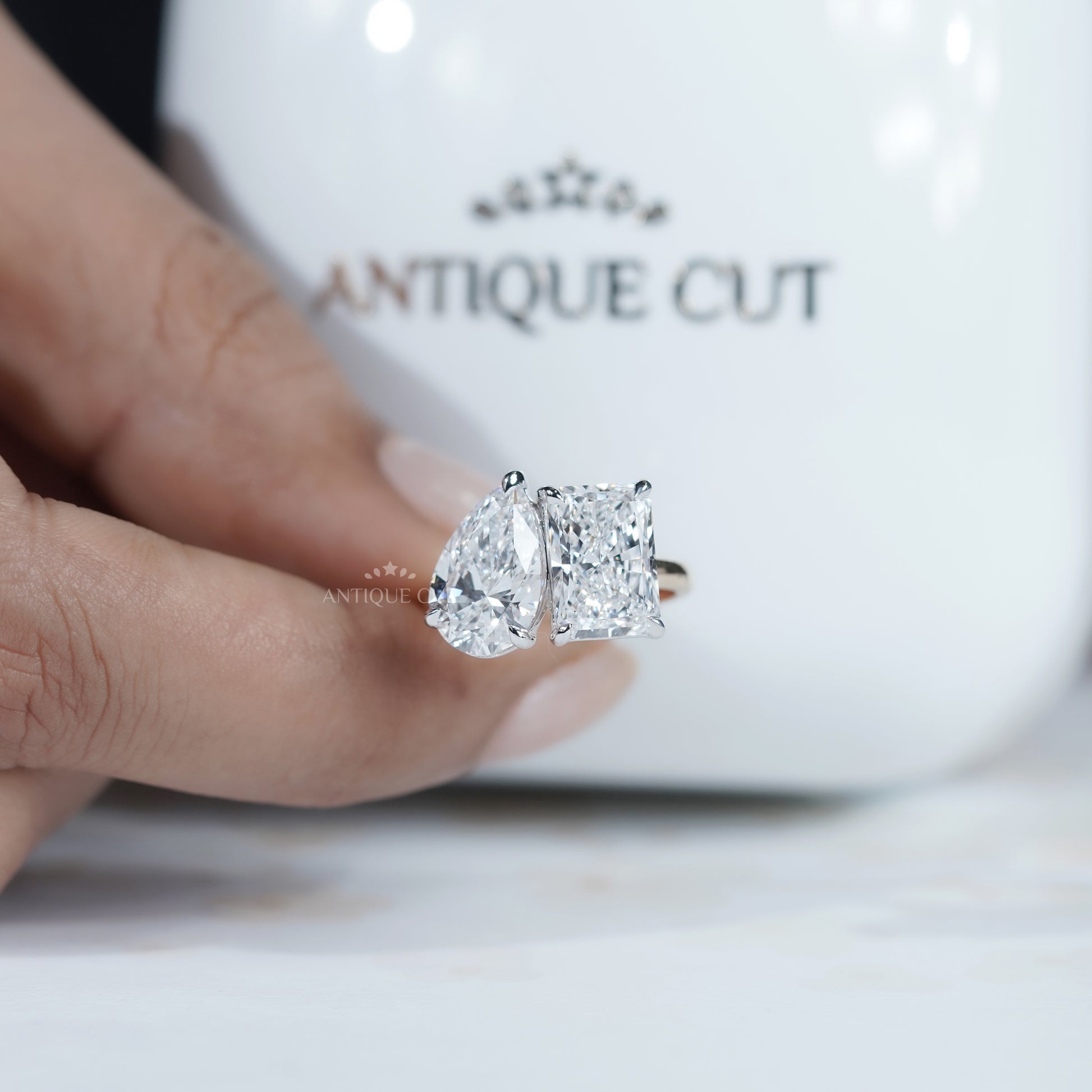 Toi et Moi Engagement Ring 2.60ct Pear & 2.50ct Radiant Two Stone Ring