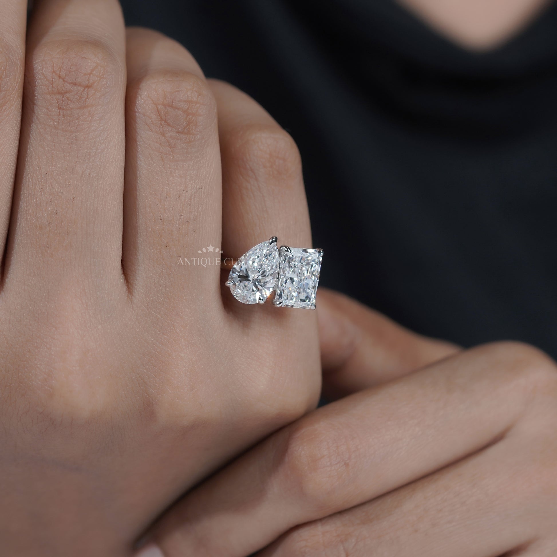 Toi et Moi Engagement Ring 2.60ct Pear & 2.50ct Radiant Two Stone Ring