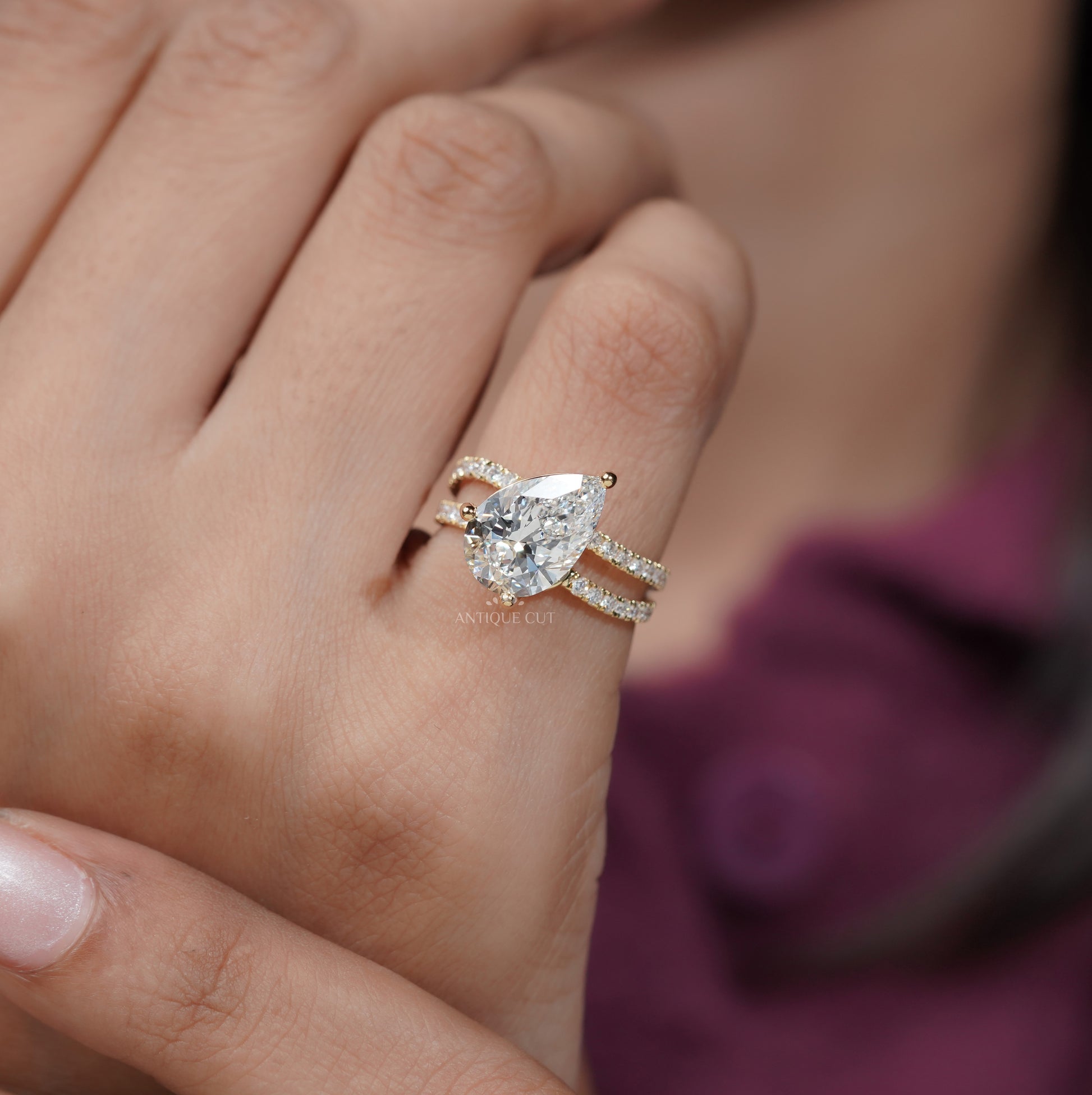Custom order pear cut lab grown diamond ring Antiquecut