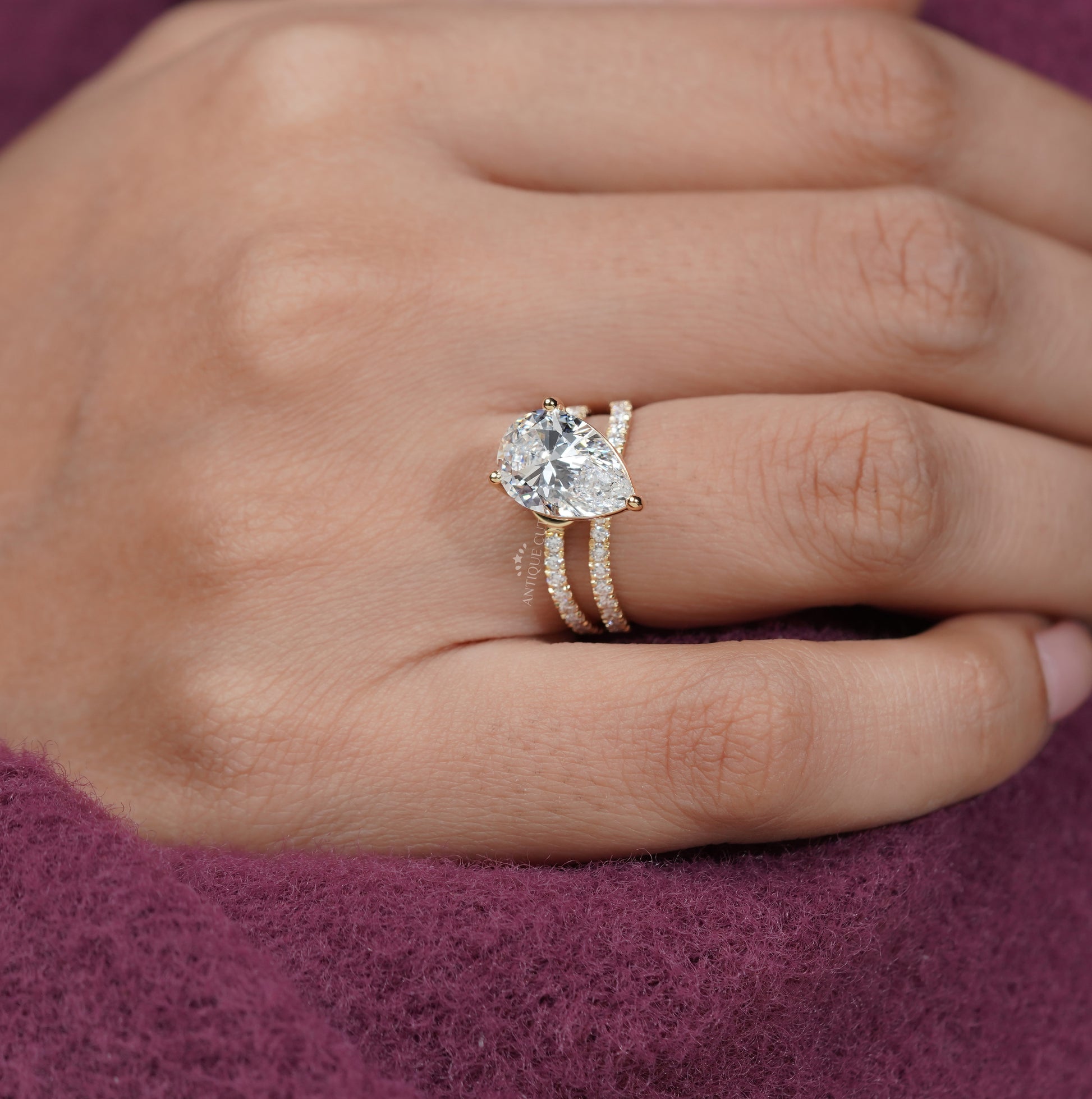 IGI-certified lab grown pear diamond ring in premium metal setting