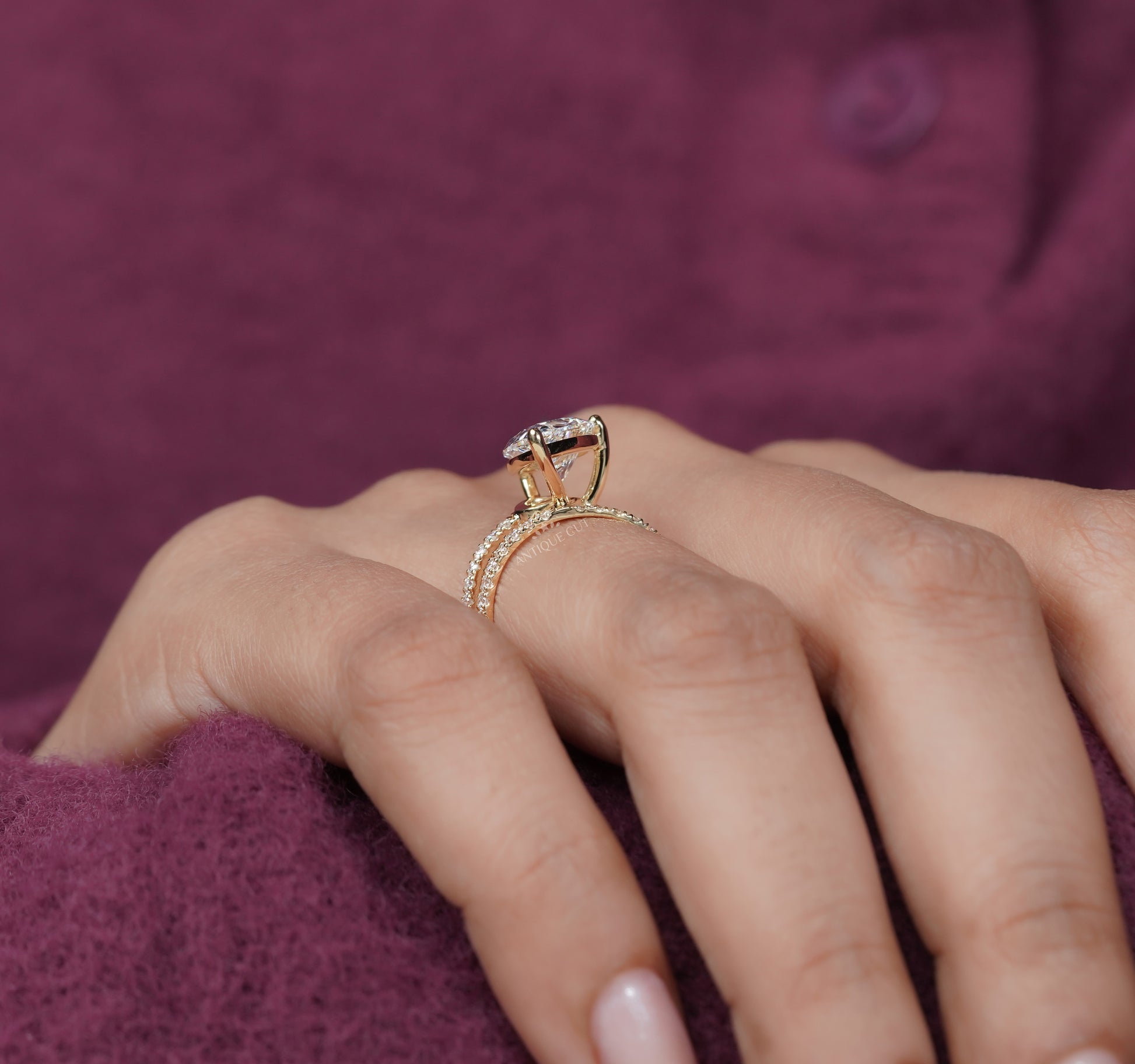 Handmade pear cut engagement ring with split shank design
