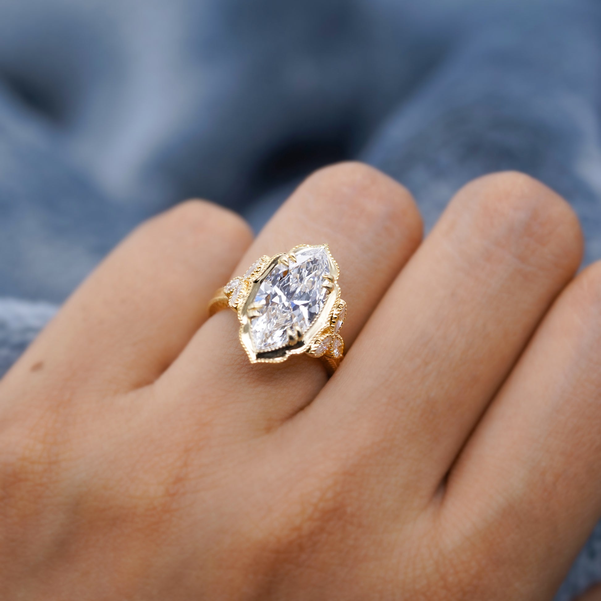 Lab grown marquise diamond ring in yellow gold