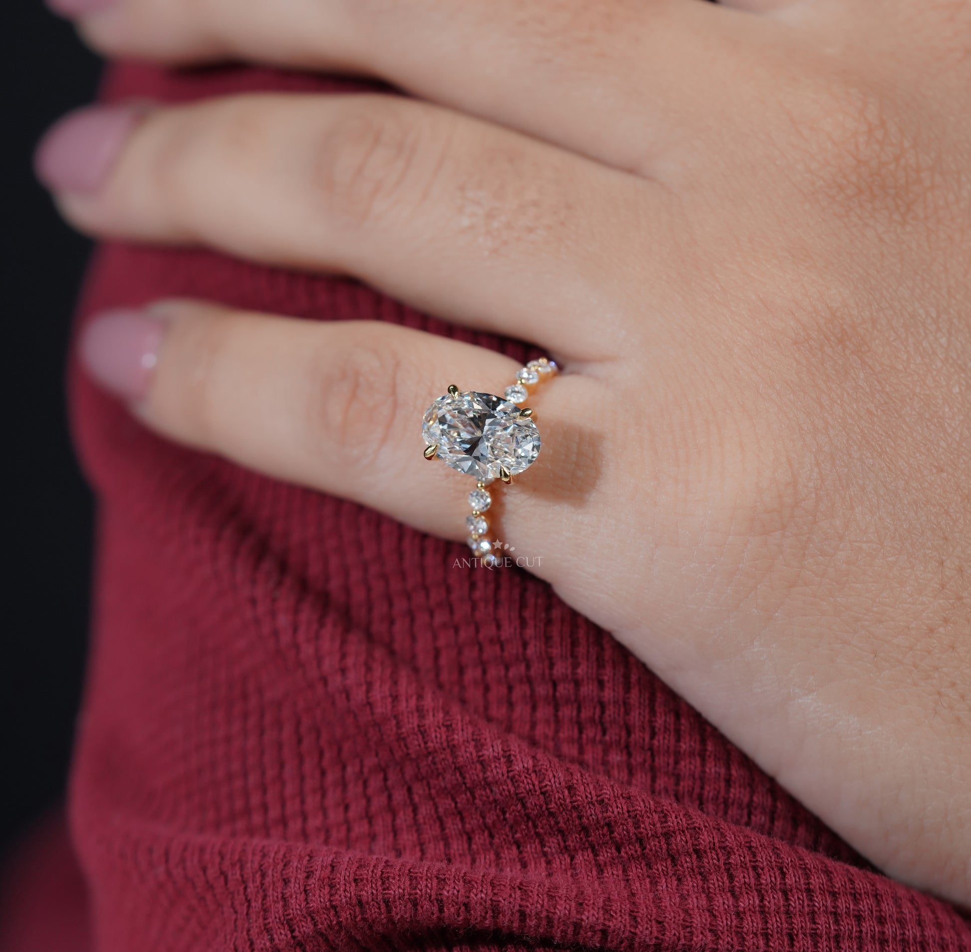 Antiquecut hidden halo oval engagement ring