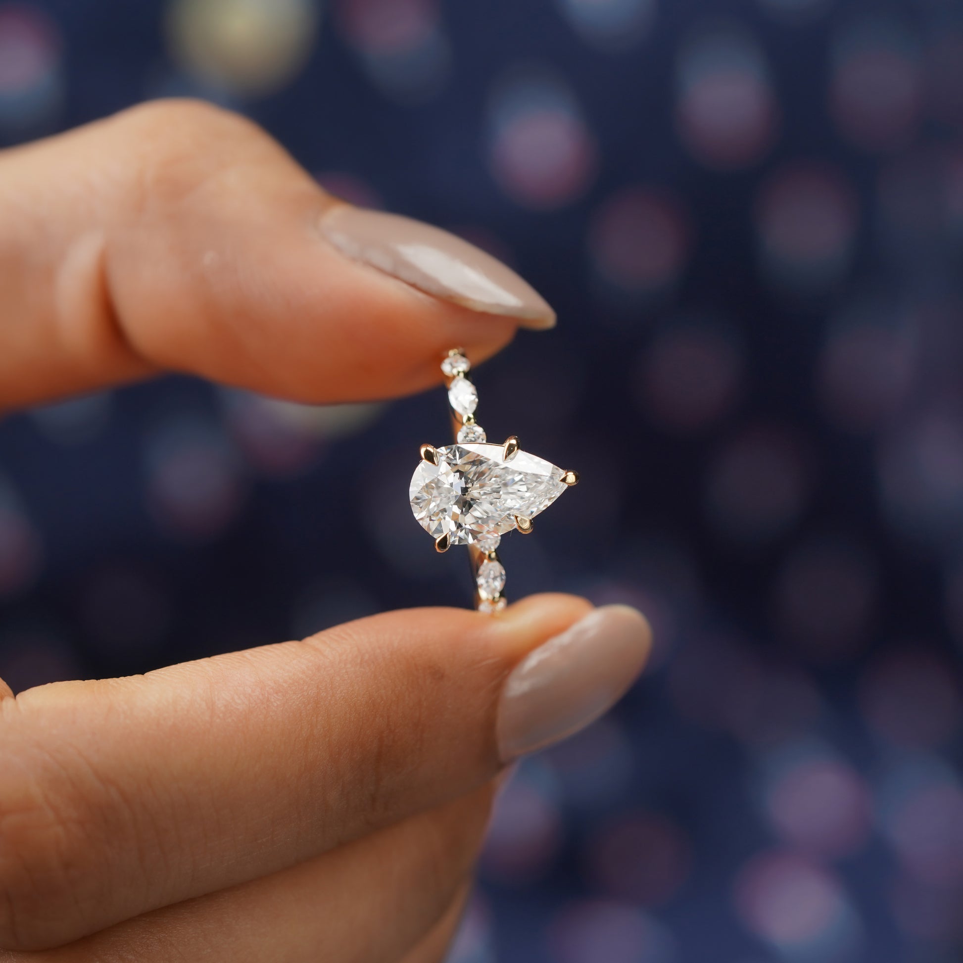 Pear Lab Created Diamond Ring 4.85tcw | Accent Engagement Ring with Marquise and Round Band | IGI Certificate