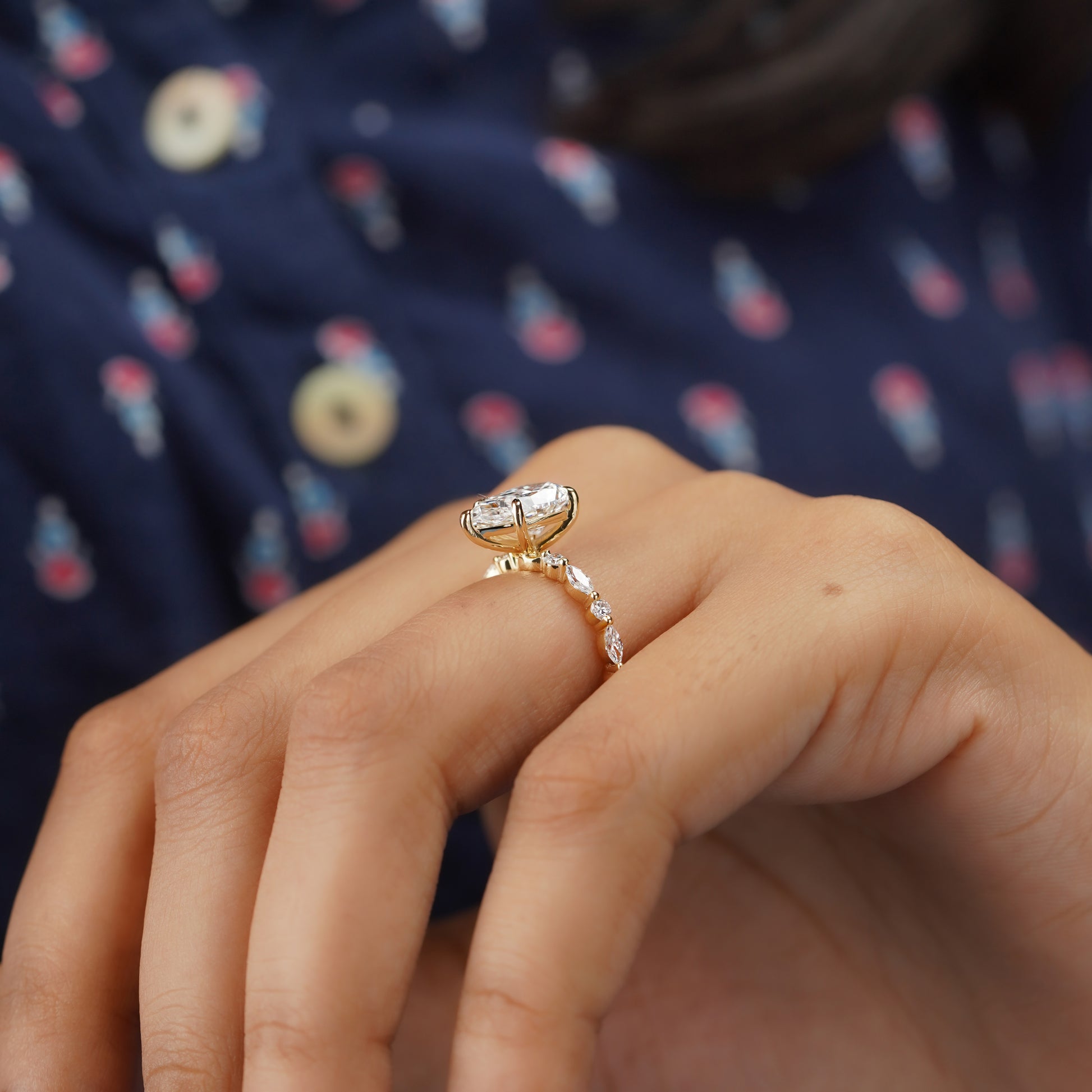 Pear Lab Created Diamond Ring 4.85tcw | Accent Engagement Ring with Marquise and Round Band | IGI Certificate