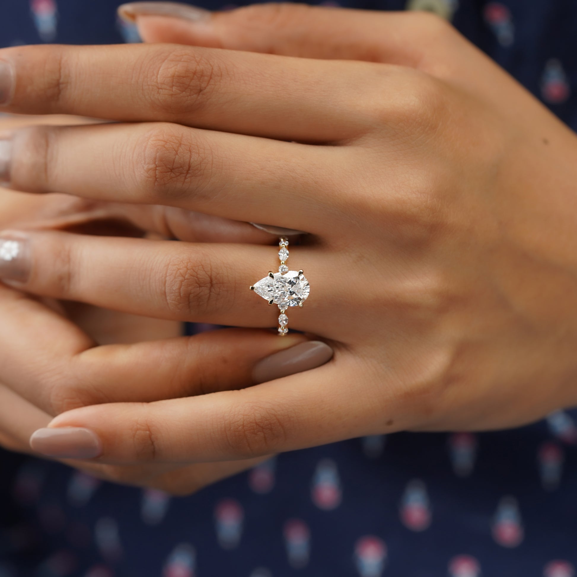 Pear Lab Created Diamond Ring 4.85tcw | Accent Engagement Ring with Marquise and Round Band | IGI Certificate