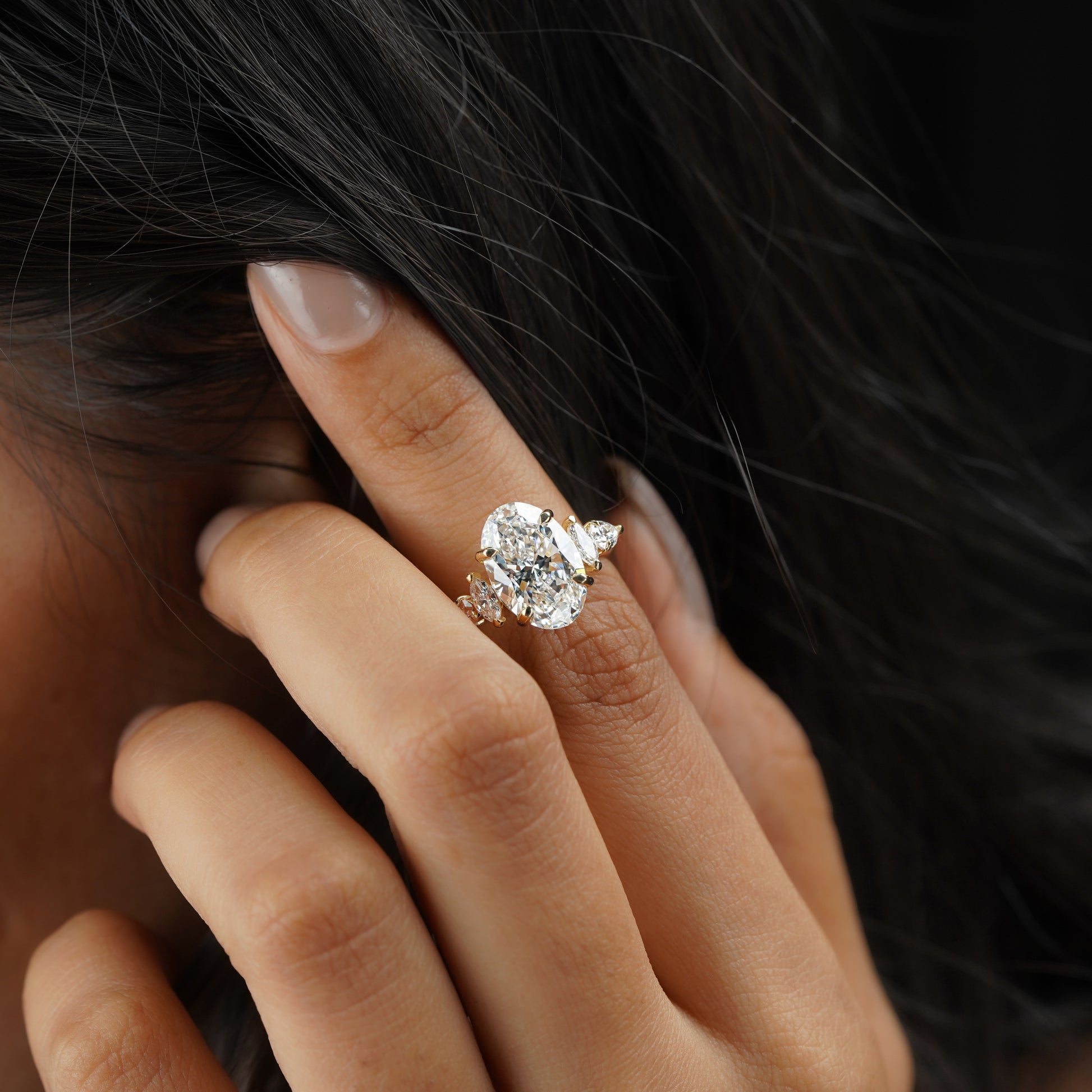 4.20tcw Oval Lab Grown Diamond Ring | Cathedral Side Stone Engagement Ring | IGI Certified | D-E-F Color | VVS-VS