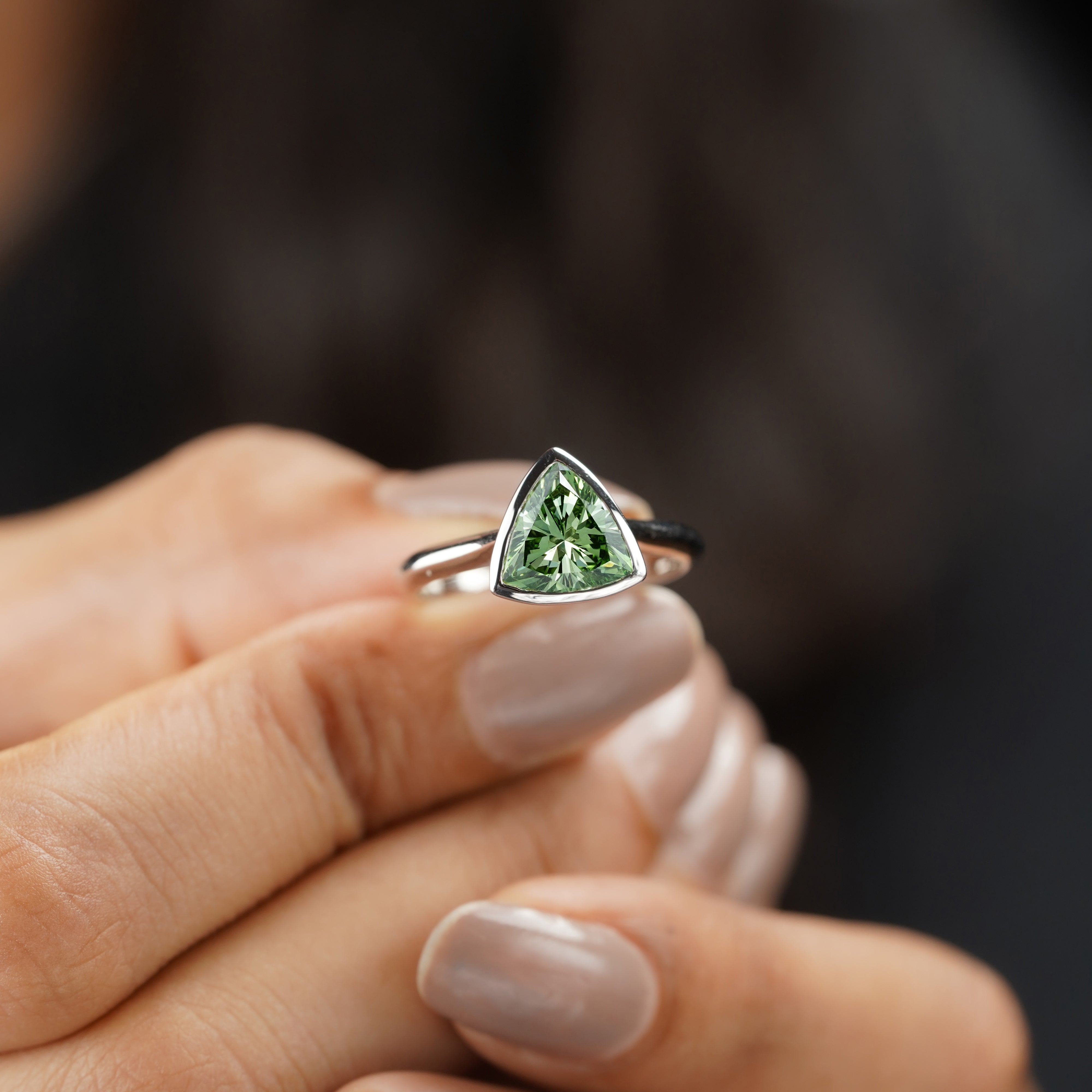 Fancy Green 1.50ct Trillion Lab Grown Diamond Engagement Ring | Bezel Set | VVS–VS Clarity | IGI Certified | Modern Minimalist Style