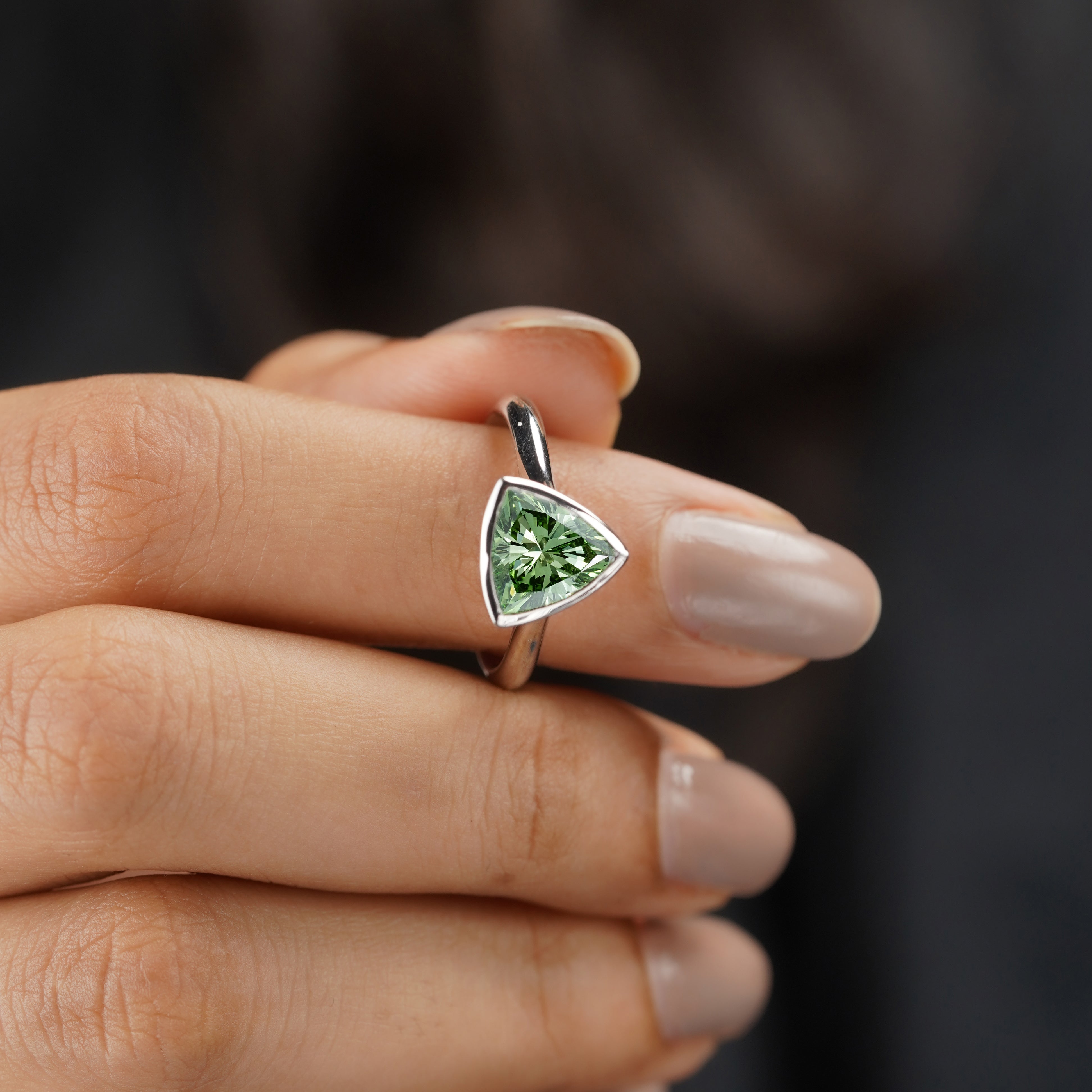 Fancy Green 1.50ct Trillion Lab Grown Diamond Engagement Ring | Bezel Set | VVS–VS Clarity | IGI Certified | Modern Minimalist Style
