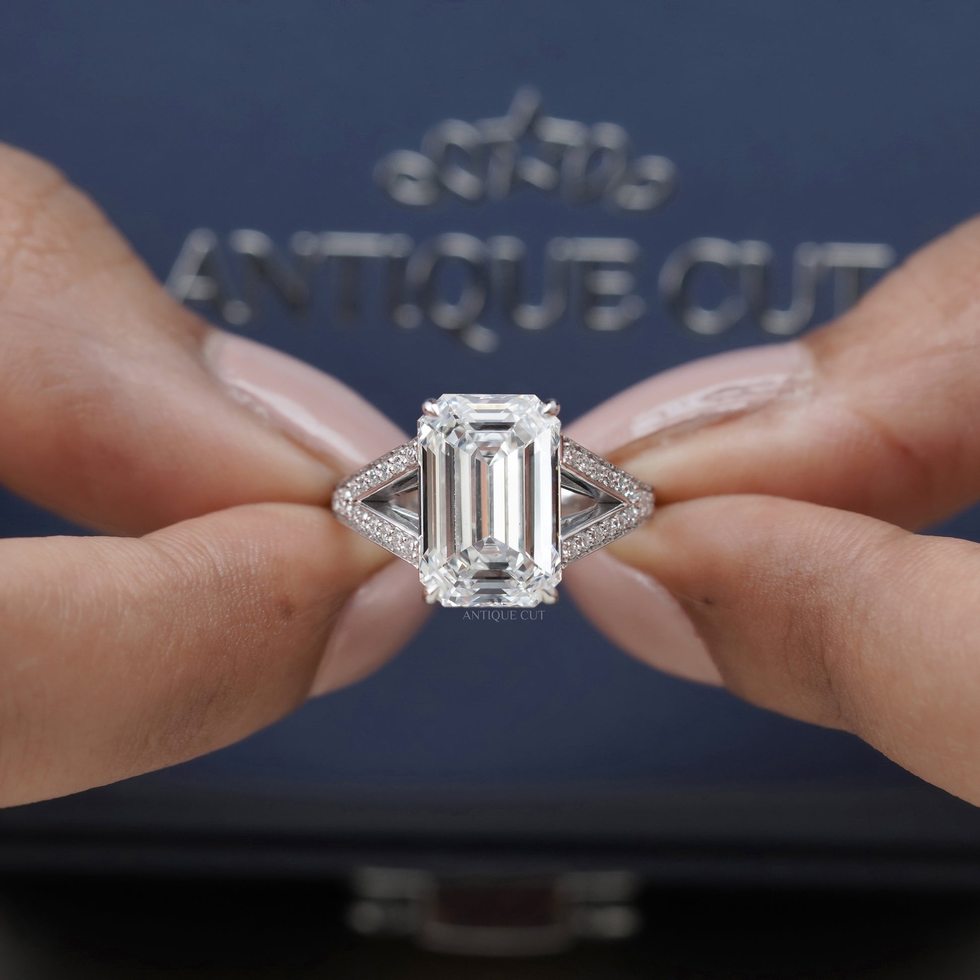 Emerald Cut 7.50tcw Lab Grown Diamond  Pavé Split Shank Engagement Ring | IGI Certified