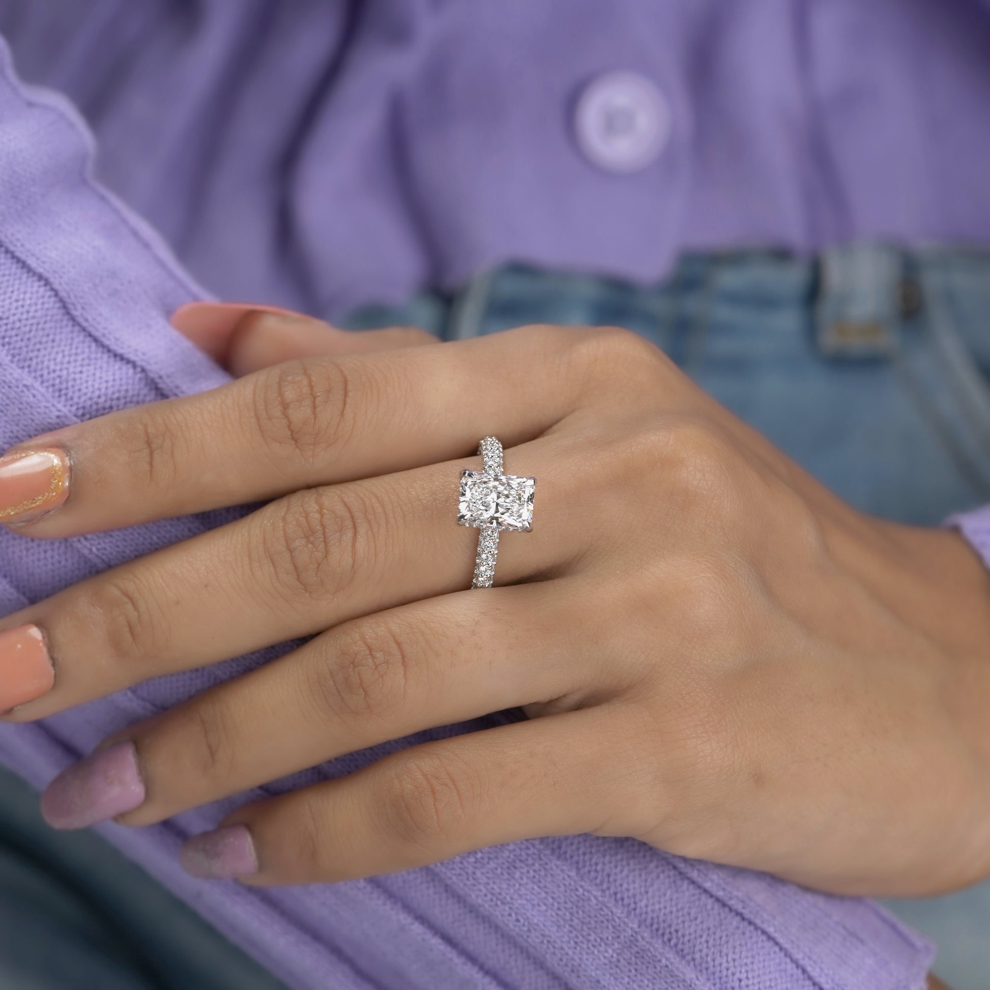 Radiant 3.50tcw Lab Grown Diamond Engagement Ring | Hidden Halo Pave Setting | D-E-F Color | VVS–VS Clarity | IGI Certified