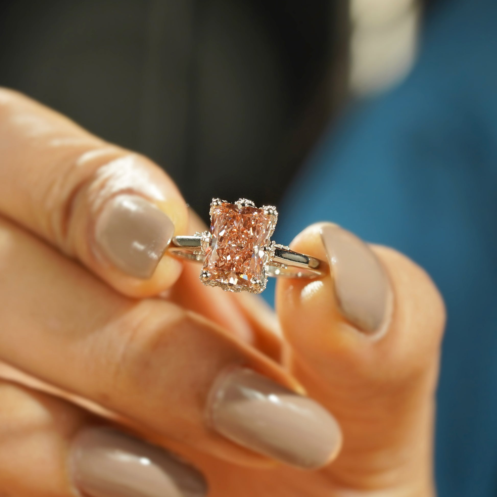 Fancy Pink Radiant Lab Diamond Ring Cathedral Solitaire