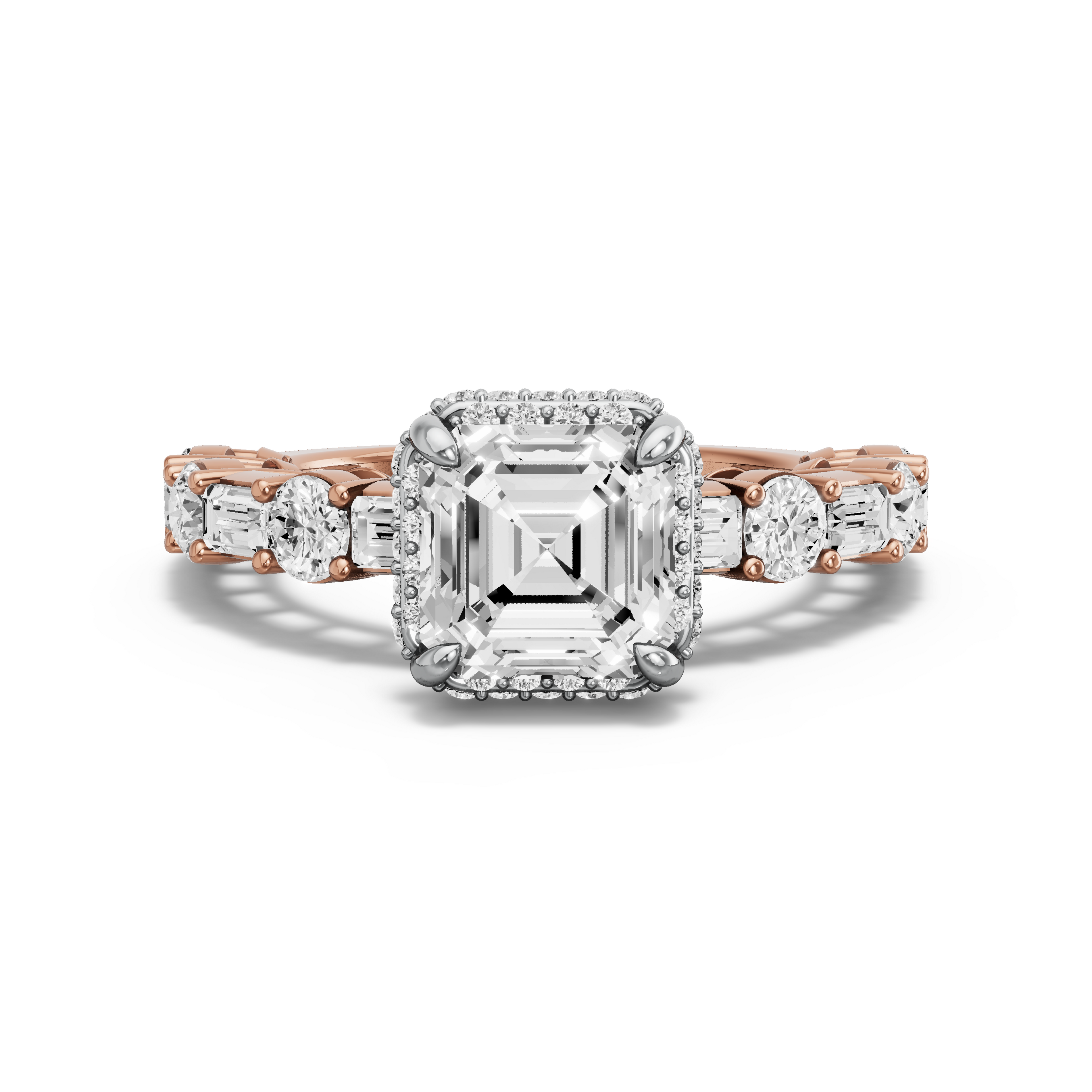 Image for Asscher Dual Halo Ring with Alternating Baguette band in 18K Two Tone Yellow Gold