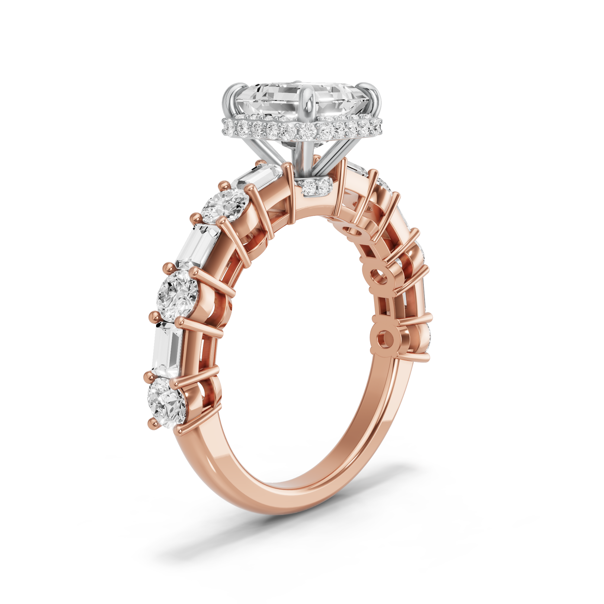 Image for Asscher Dual Halo Ring with Alternating Baguette band in 18K Two Tone Yellow Gold