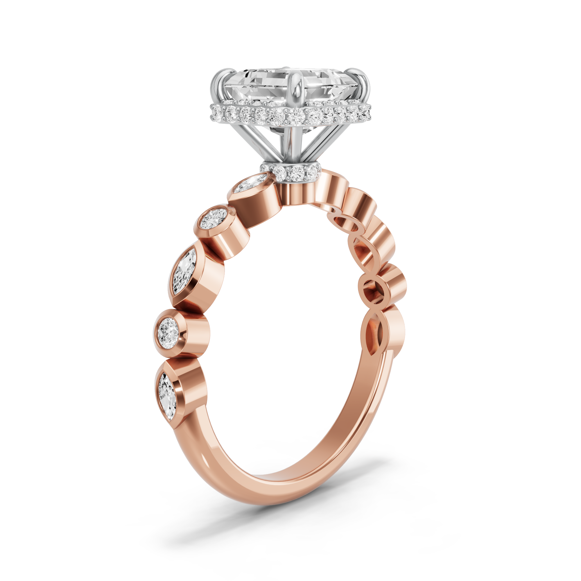 Image for Asscher Dual Halo Ring with Alternating Marquise band in 18K Two Tone Yellow Gold