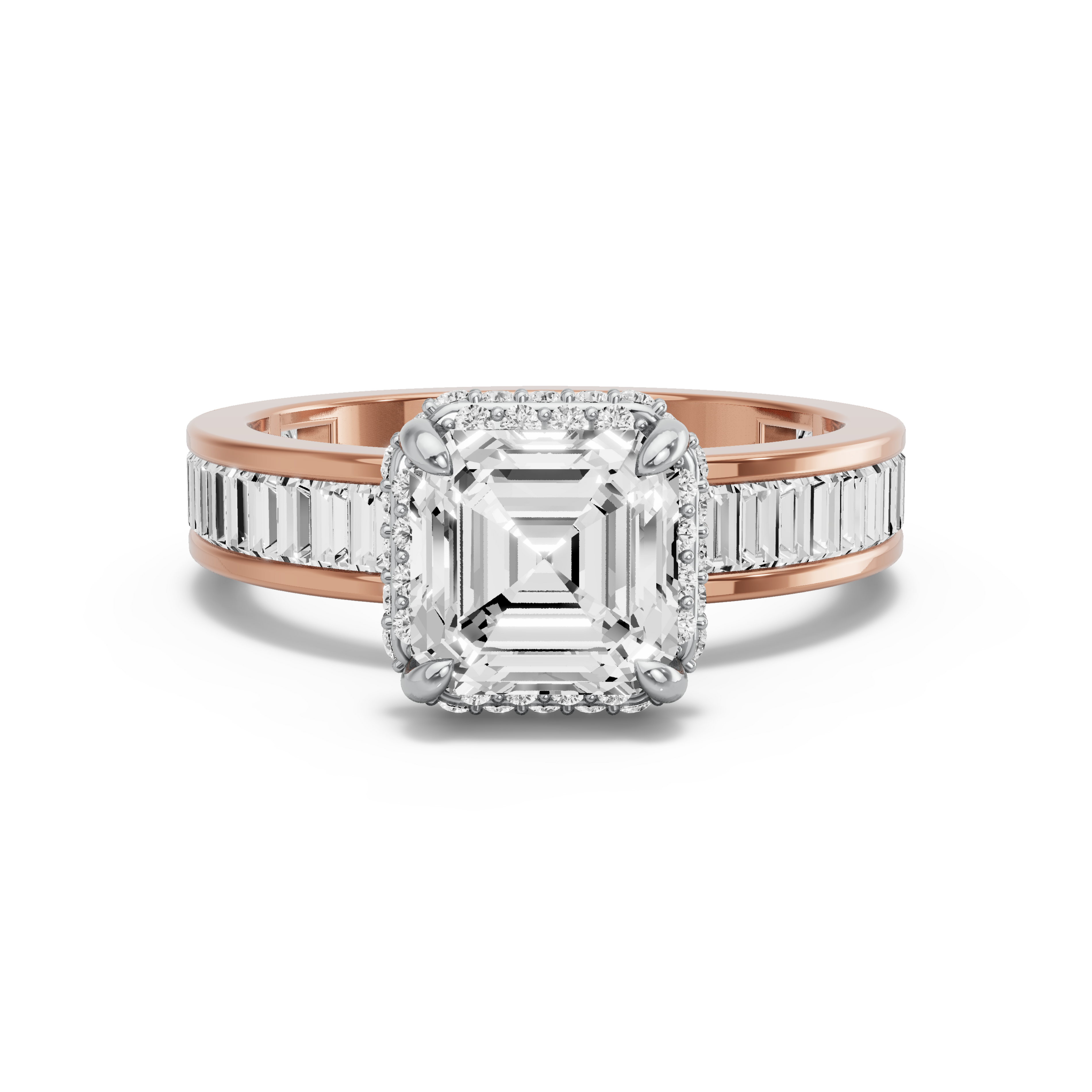 Image for Asscher Dual Halo Ring with Baguette Channel band in 10K Two Tone Yellow Gold