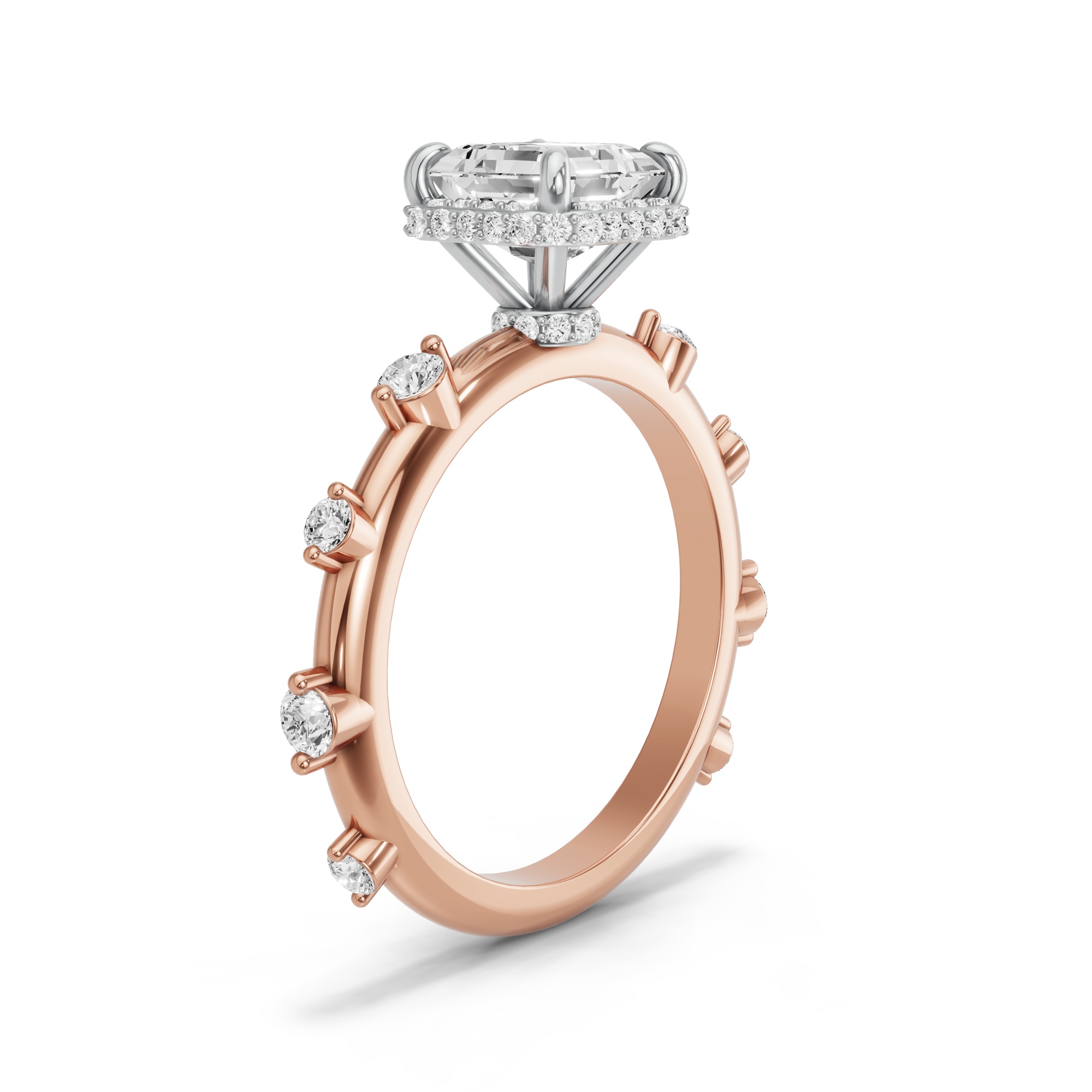 Image for Asscher Dual Halo Ring with Floating Station band in 18K Two Tone Yellow Gold