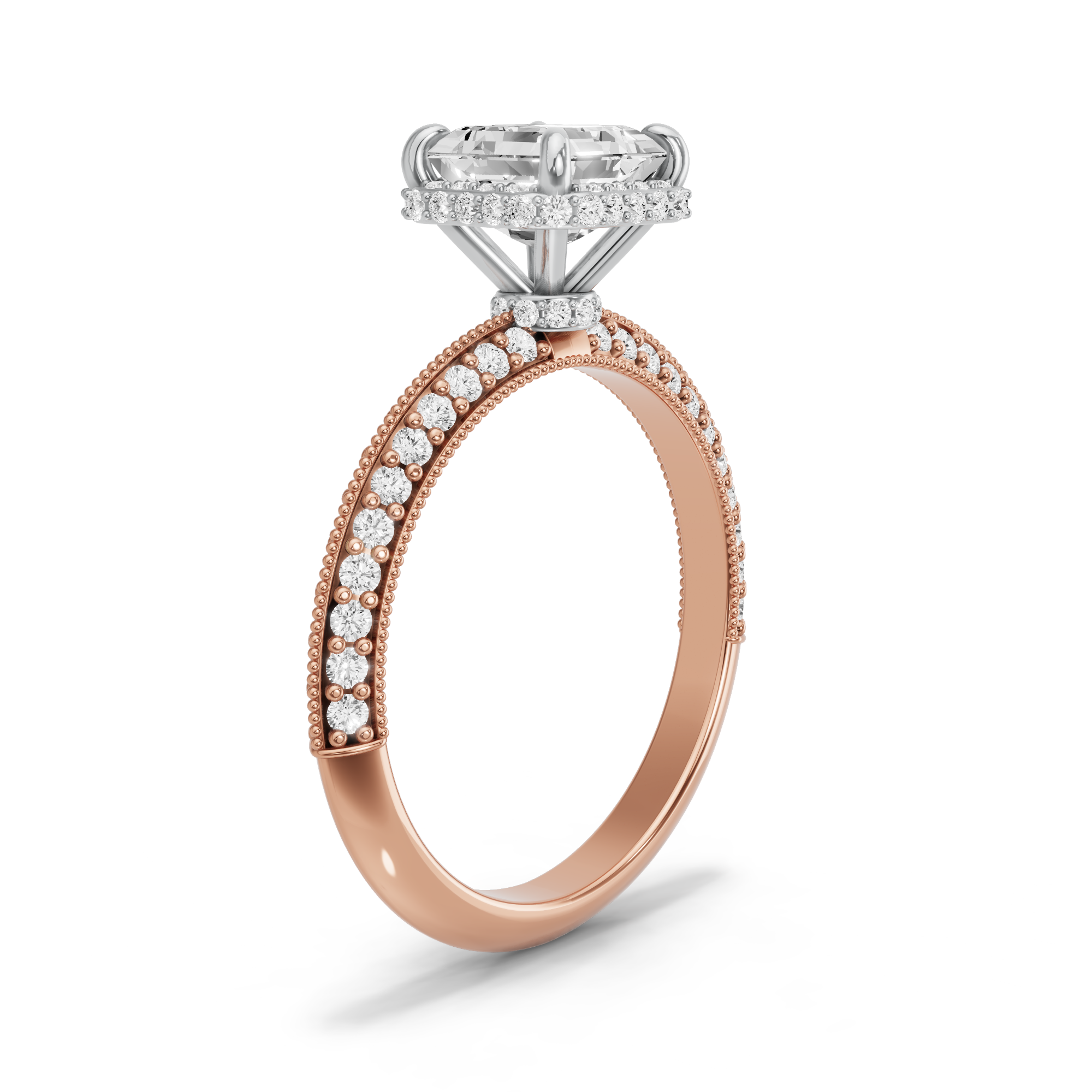 Image for Asscher Dual Halo Ring with Knife Edge Pave band in 18K Two Tone Rose Gold