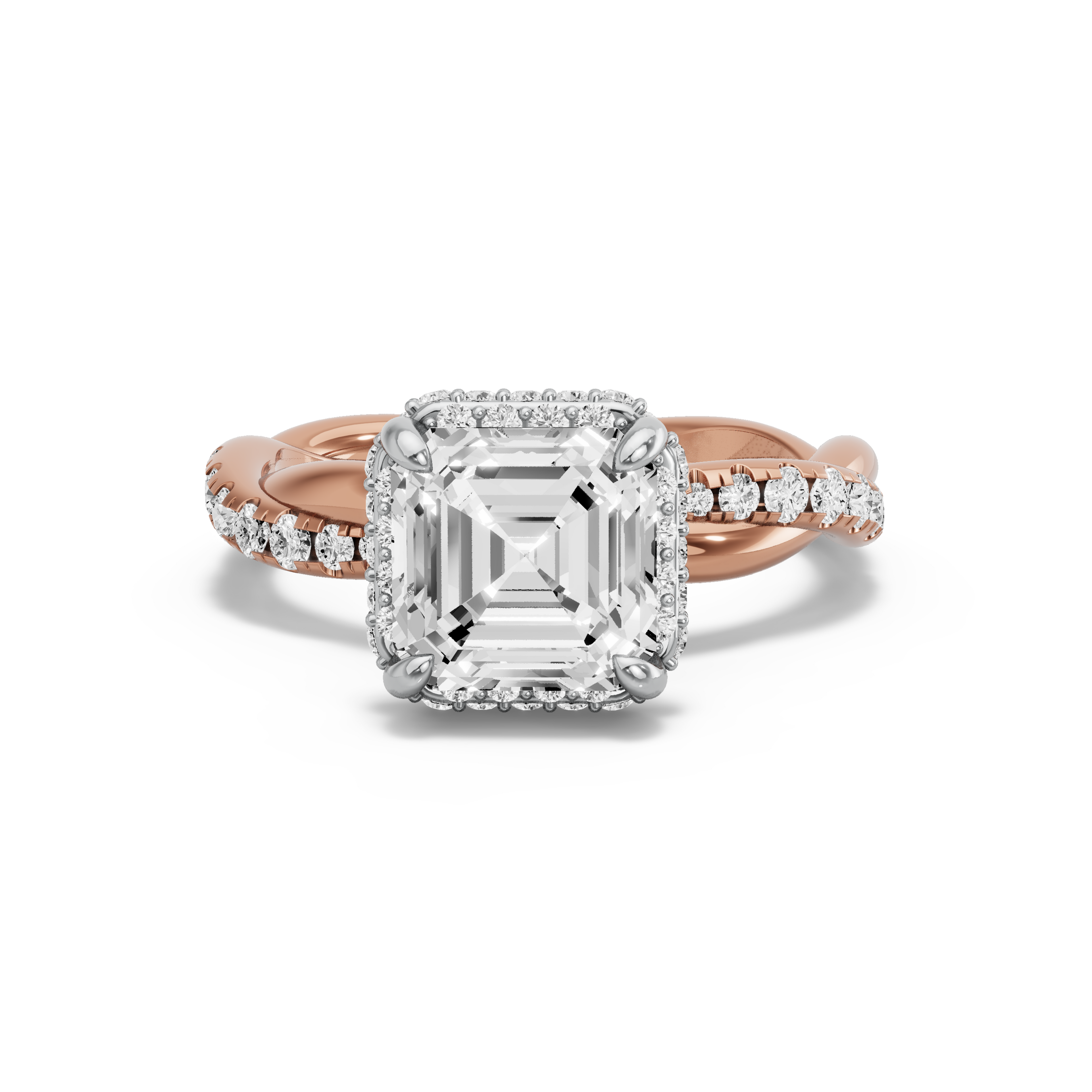 Image for Asscher Dual Halo Ring with Rope Pave band in 18K Two Tone Yellow Gold