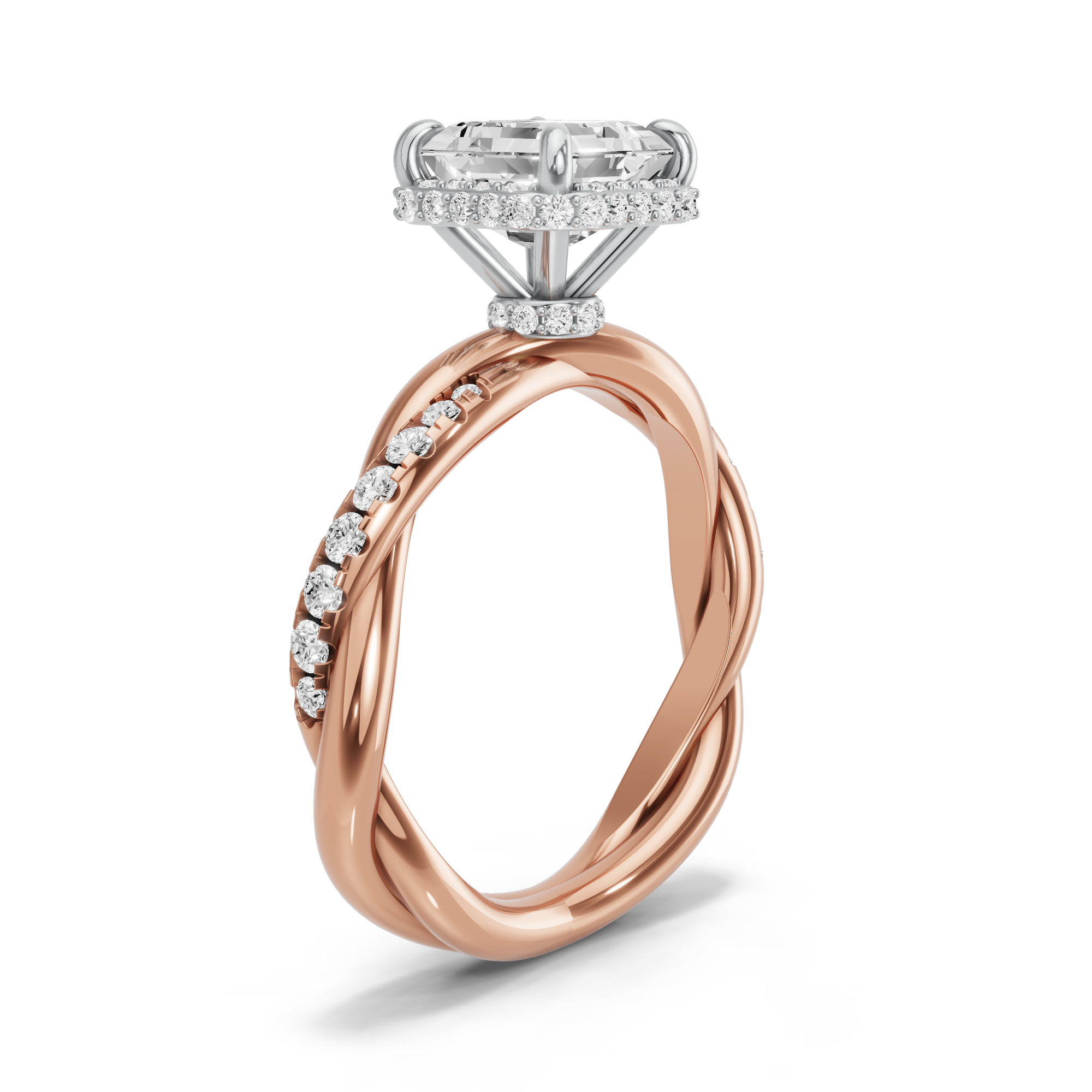 Image for Asscher Dual Halo Ring with Rope Pave band in 18K Two Tone Yellow Gold