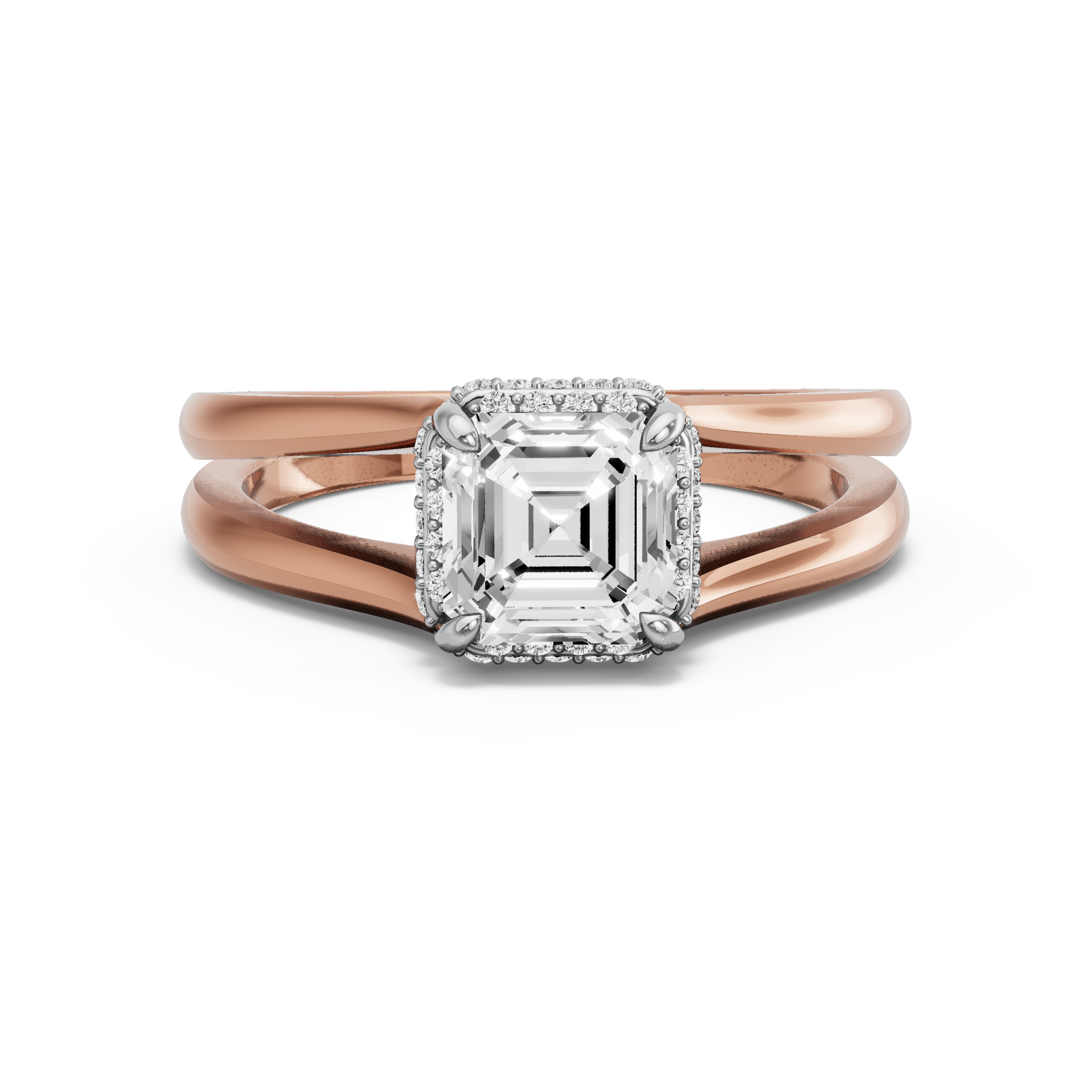 Image for Asscher Dual Halo Ring with Split Ring Solitaire band in 18K Two Tone Rose Gold
