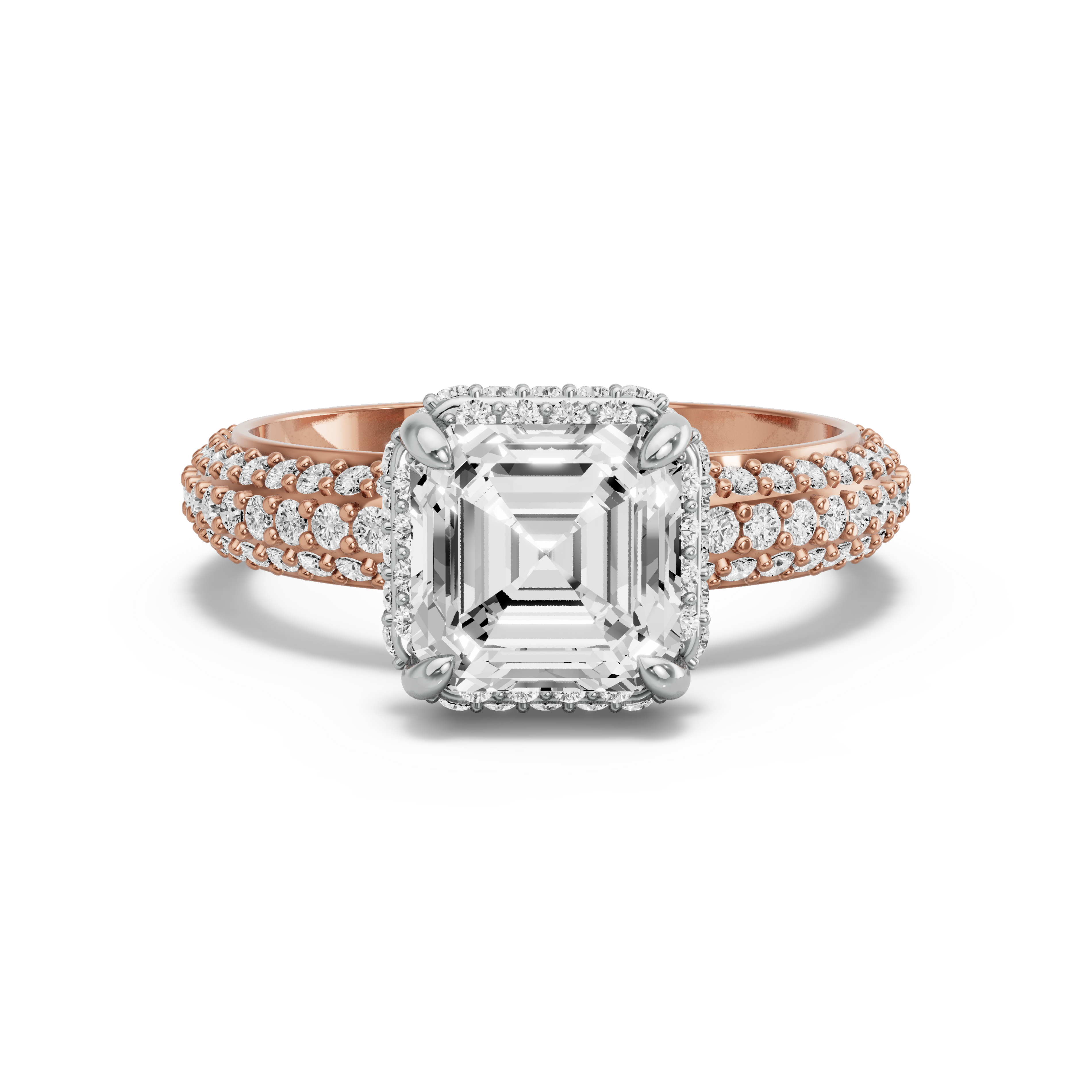 Image for Asscher Dual Halo Ring with Triple Row Pave band in 18K Two Tone Yellow Gold