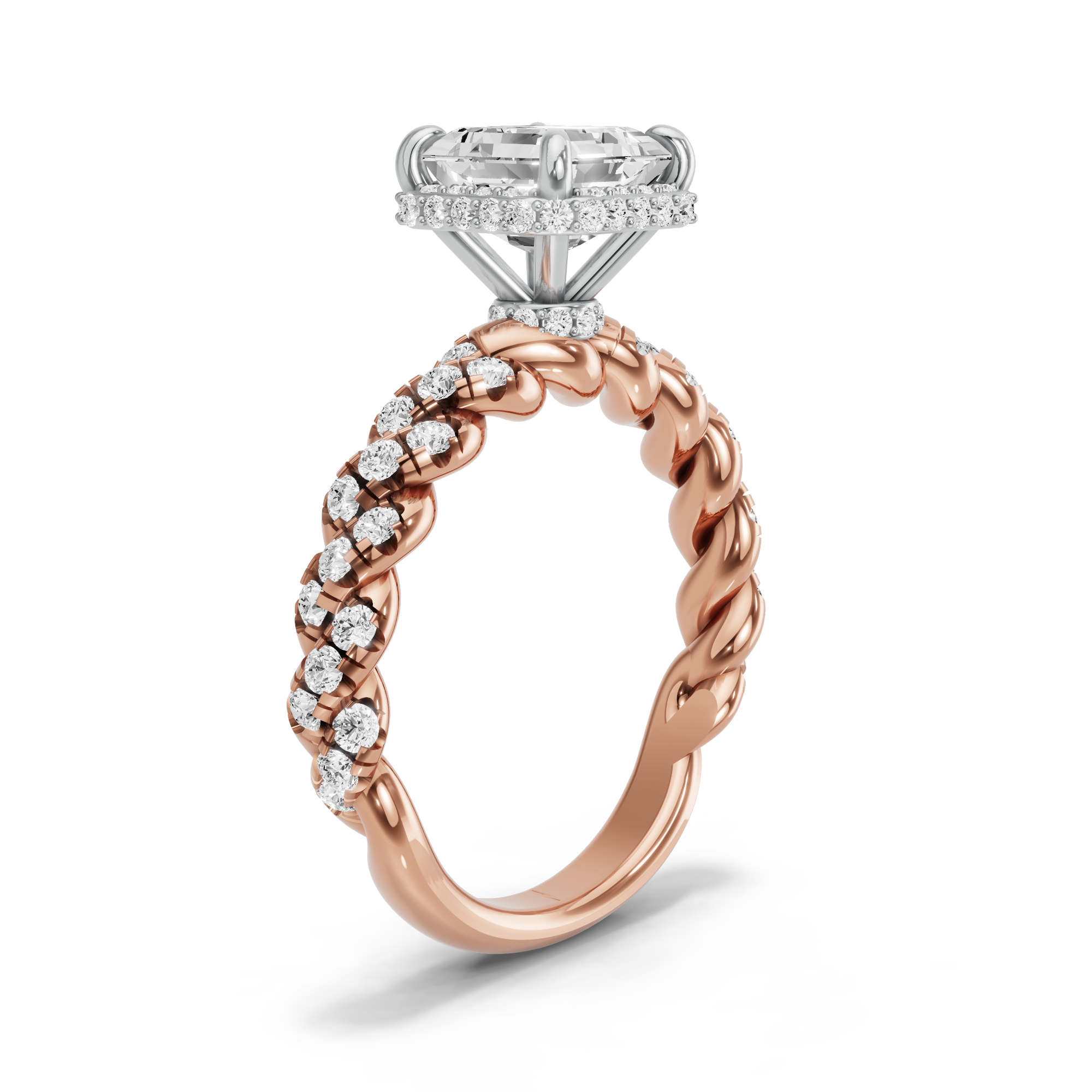 Image for Asscher Dual Halo Ring with Twist Pave band in 10K Two Tone Yellow Gold