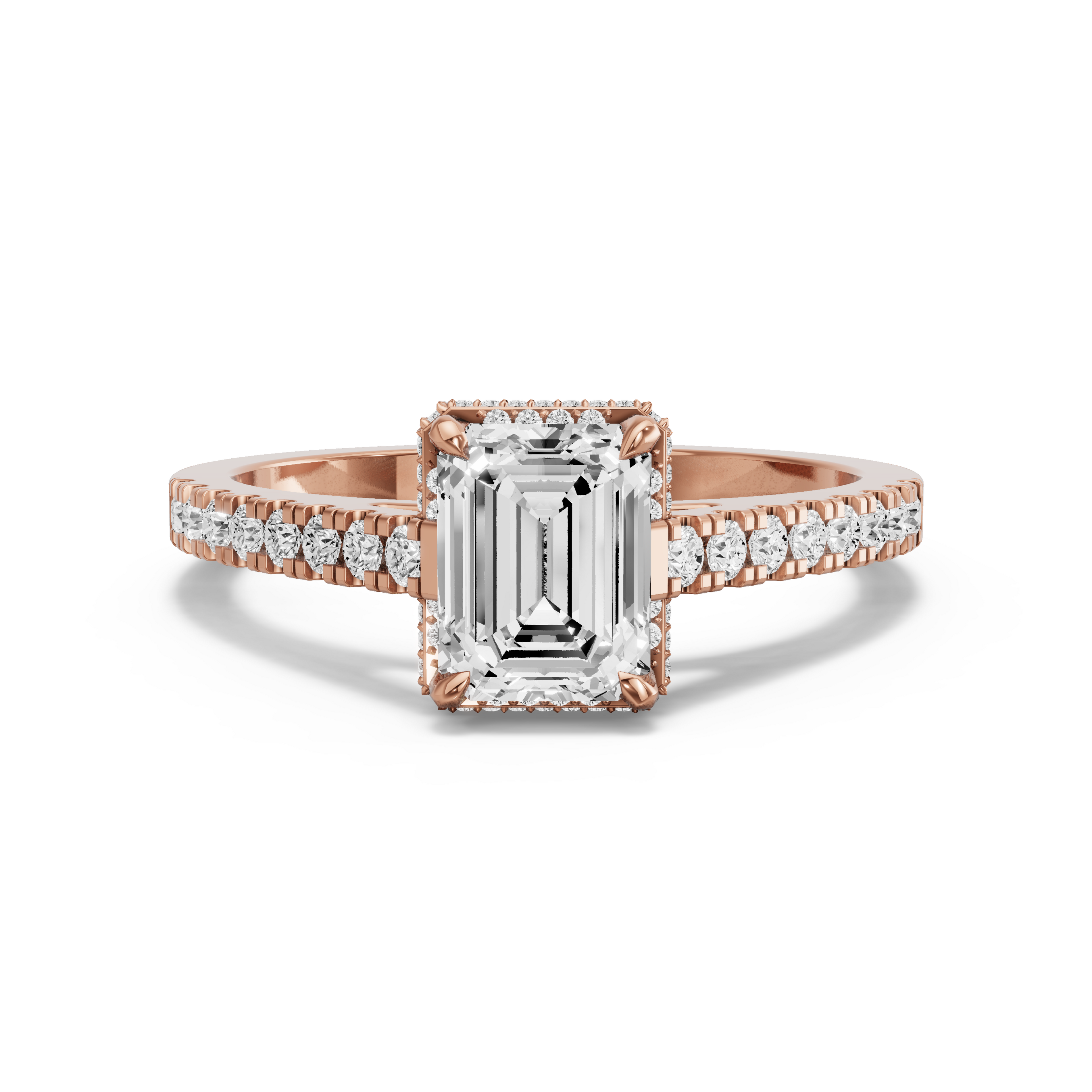 Image for Emerald Dual Halo Ring with Cathedral Pave band in 14K Rose Gold