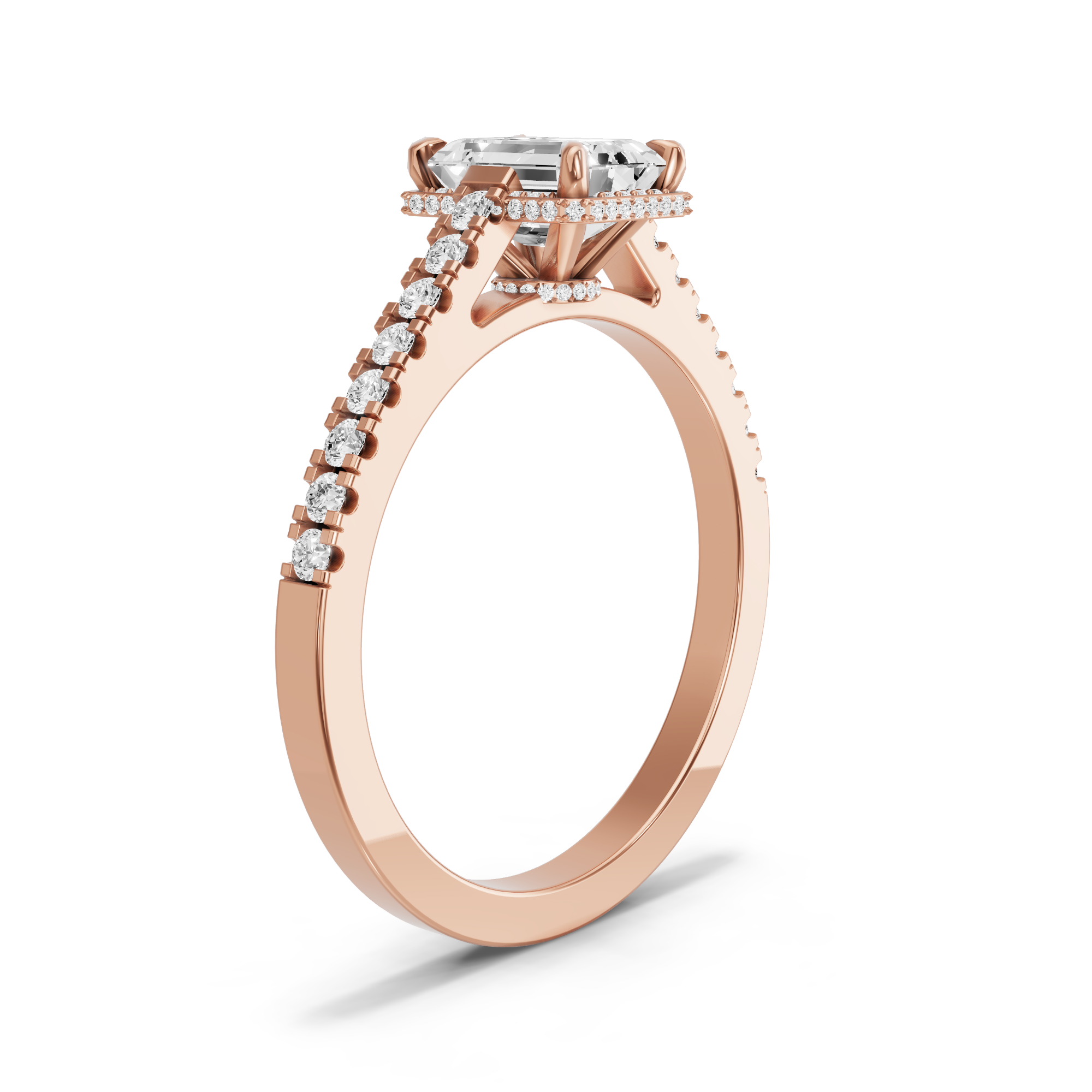 Image for Emerald Dual Halo Ring with Cathedral Pave band in 14K Rose Gold