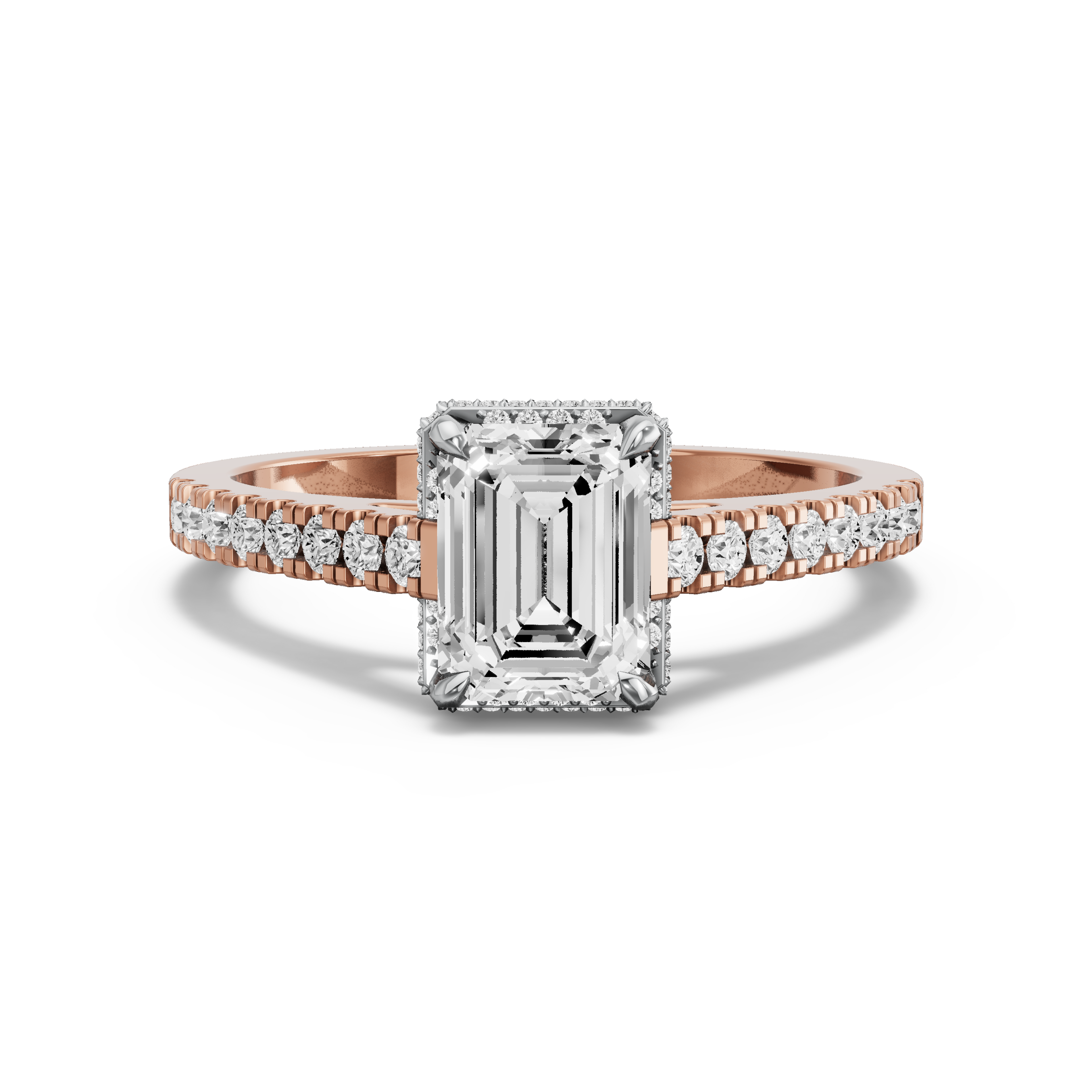 Image for Emerald Dual Halo Ring with Cathedral Pave band in 10K Two Tone Rose Gold