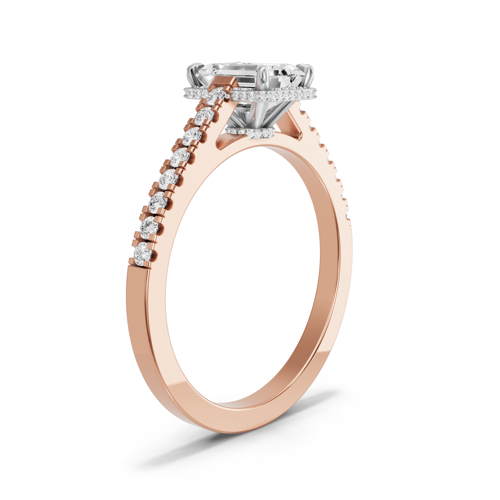 Image for Emerald Dual Halo Ring with Cathedral Pave band in 10K Two Tone Rose Gold
