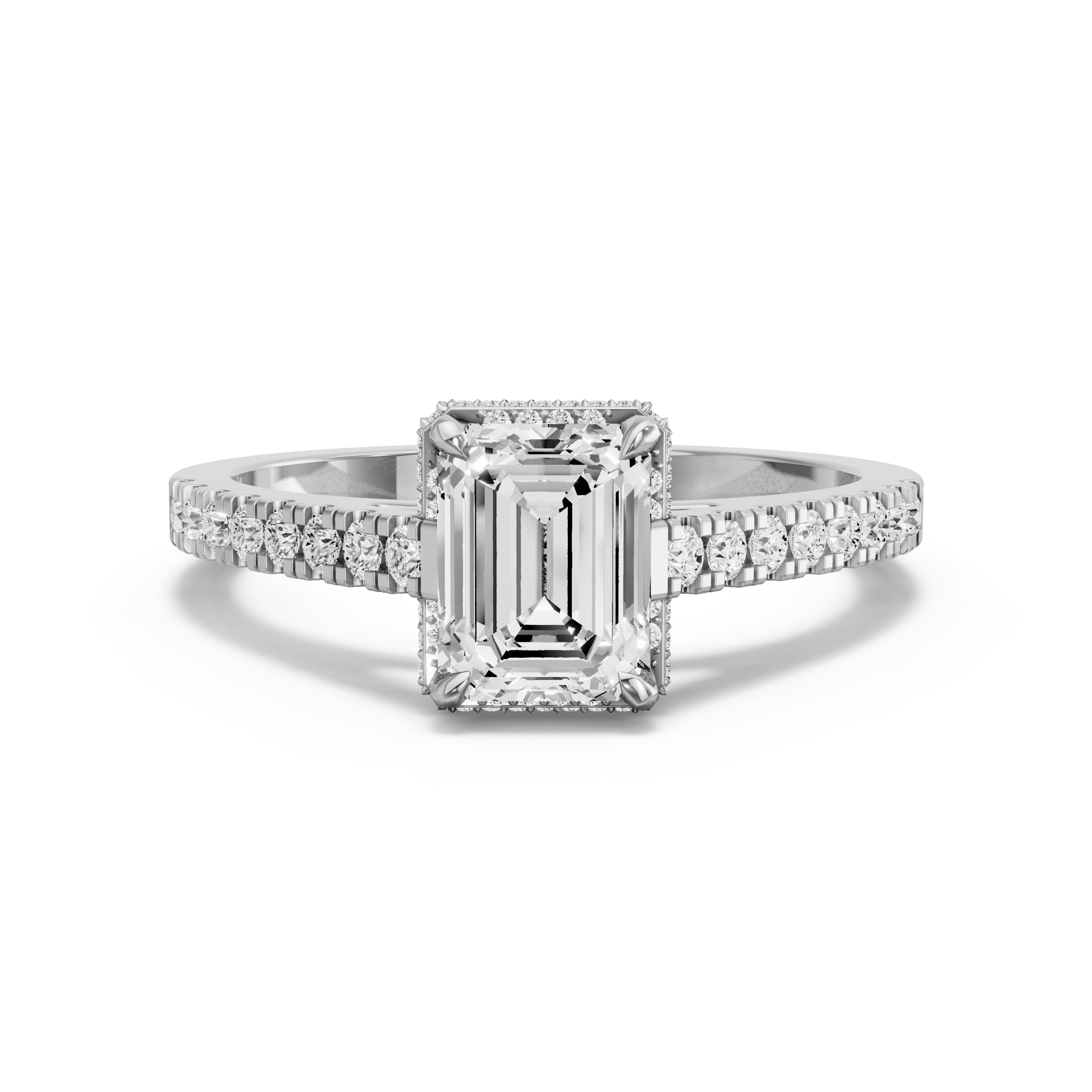 Image for Emerald Dual Halo Ring with Cathedral Pave band in 14K White Gold