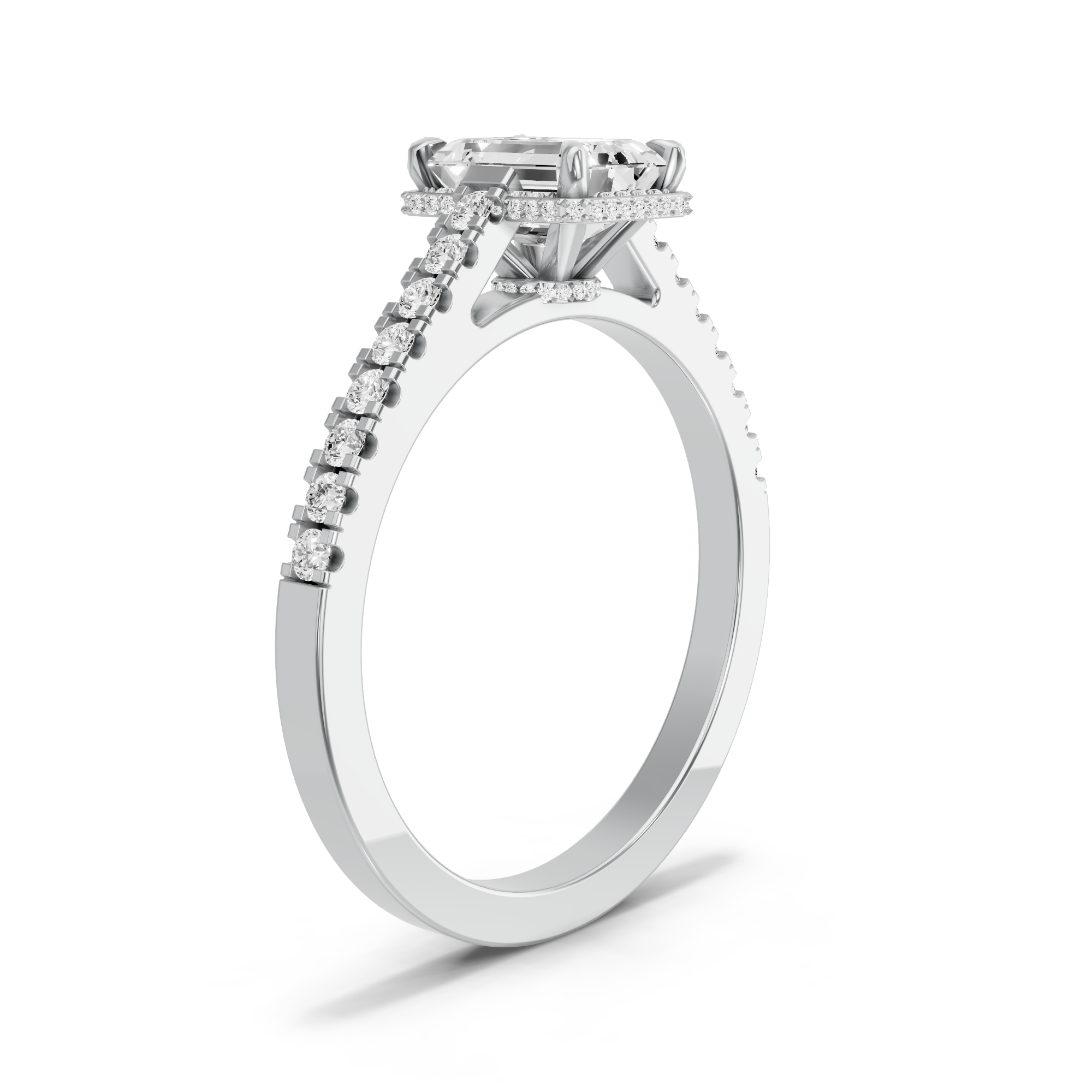 Image for Emerald Dual Halo Ring with Cathedral Pave band in 14K White Gold