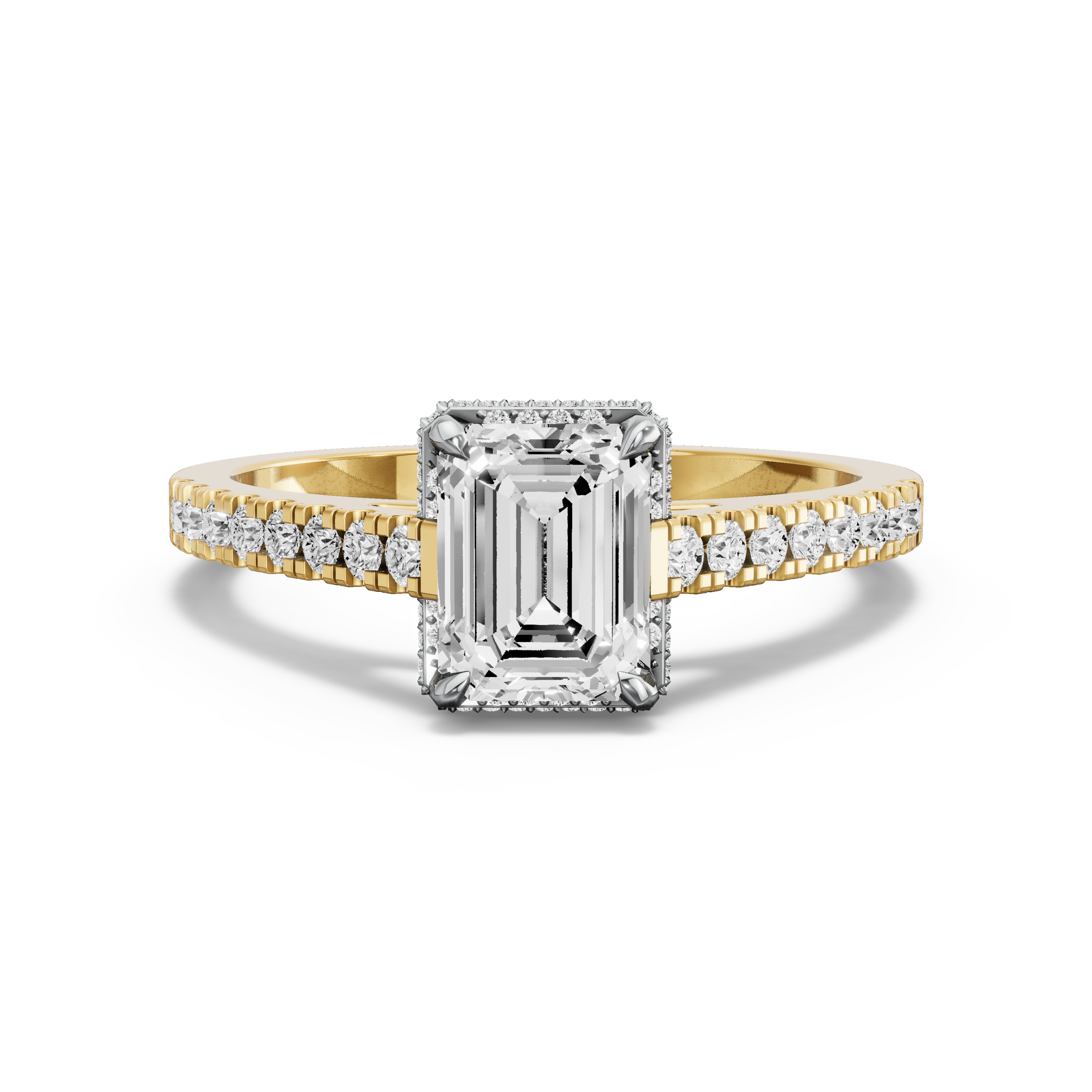 Image for Emerald Dual Halo Ring with Cathedral Pave band in 14K Two Tone Yellow Gold