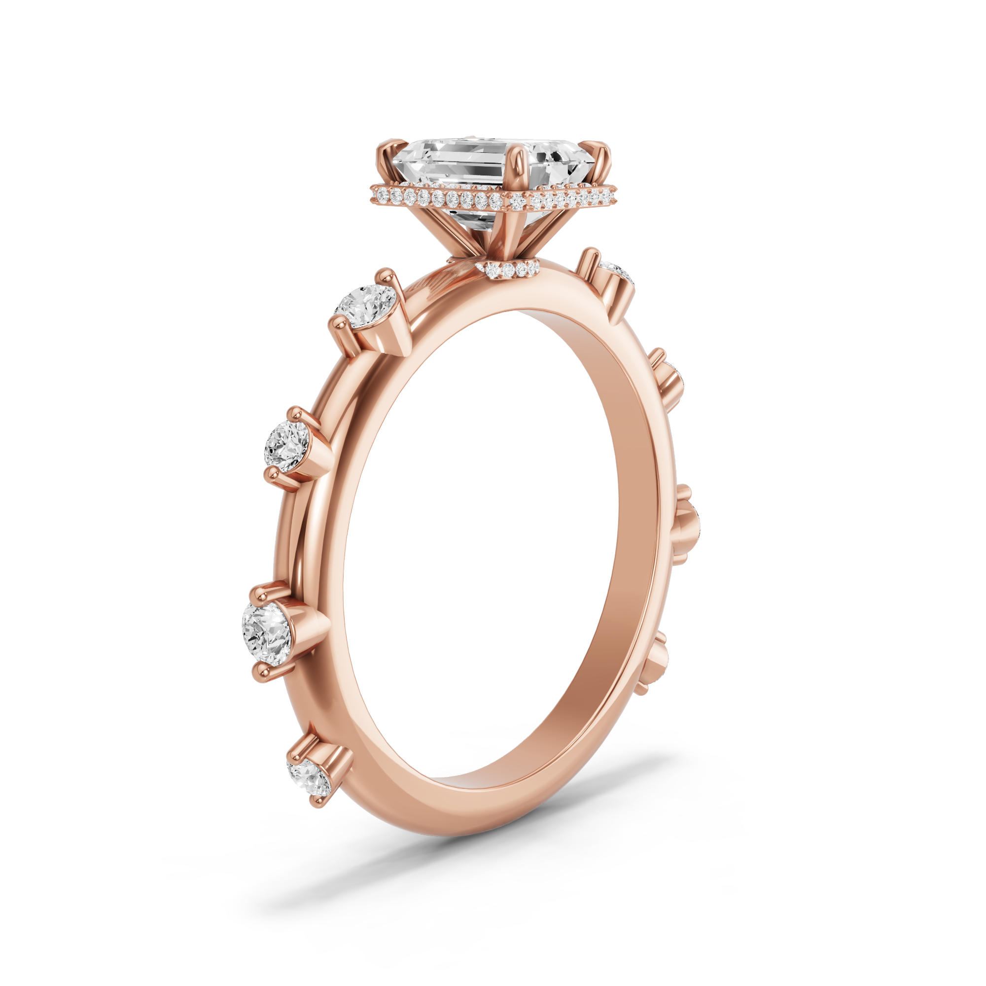 Image for Emerald Dual Halo Ring with Floating Station band in 18K Rose Gold