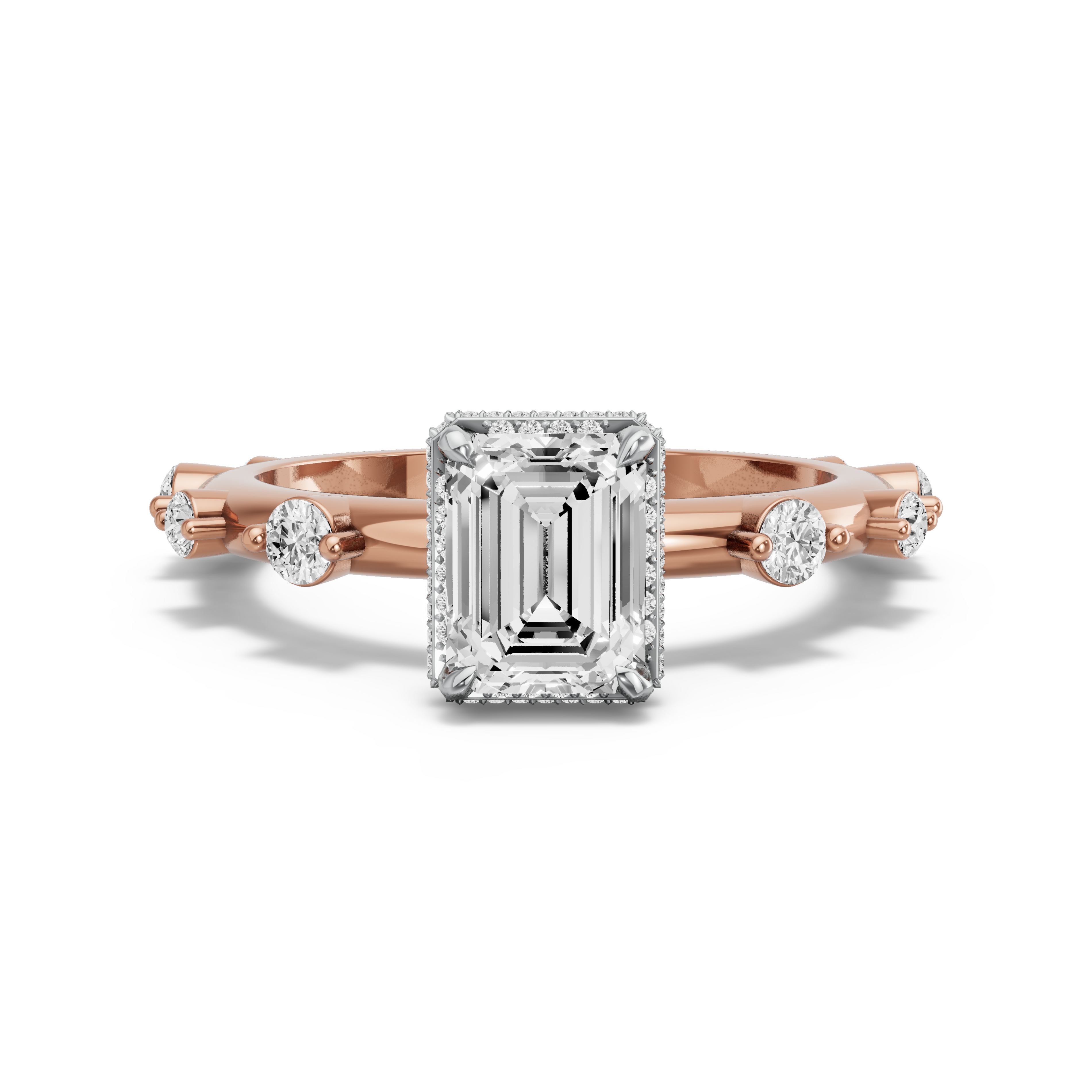 Image for Emerald Dual Halo Ring with Floating Station band in 14K Two Tone Rose Gold