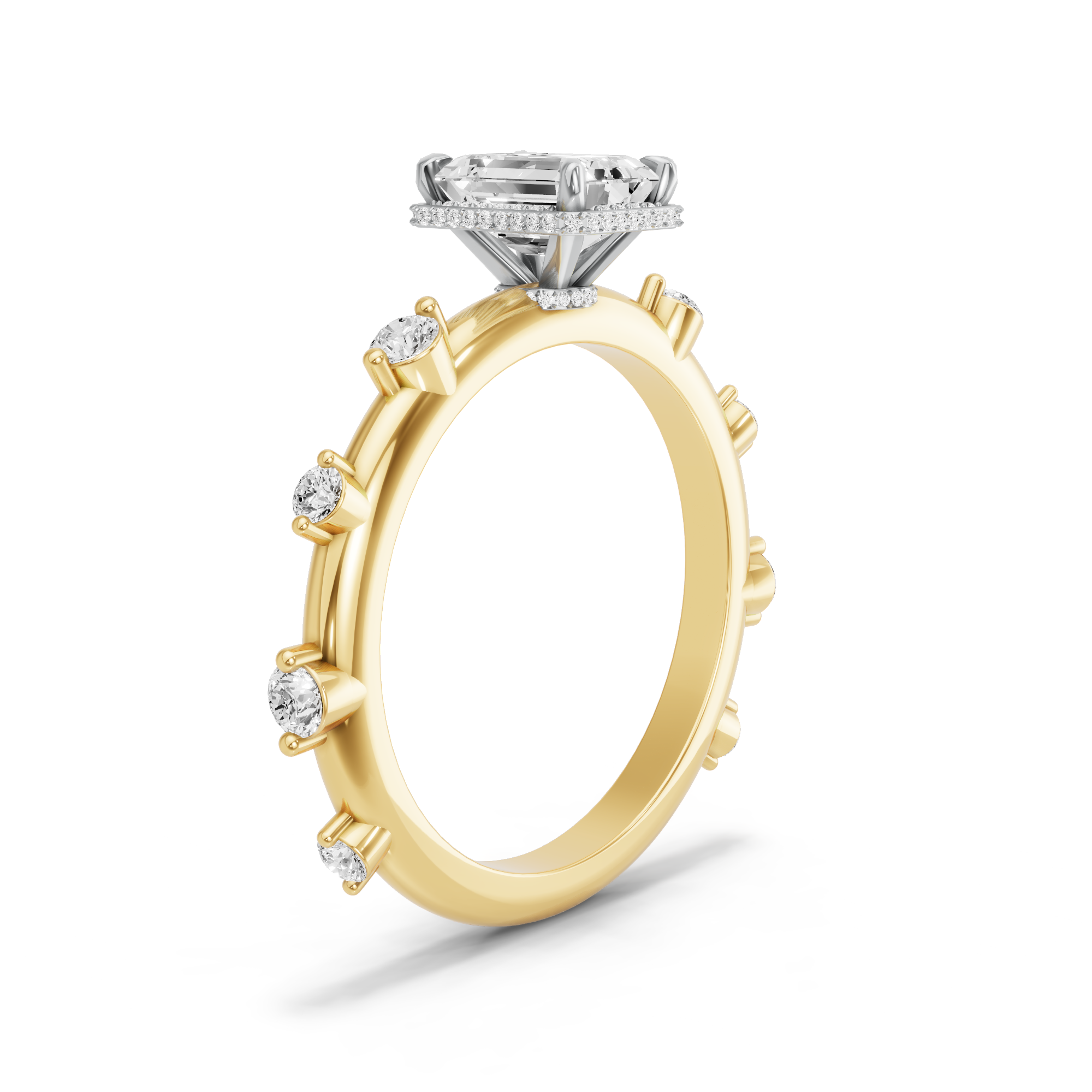 Image for Emerald Dual Halo Ring with Floating Station band in 14K Two Tone Yellow Gold