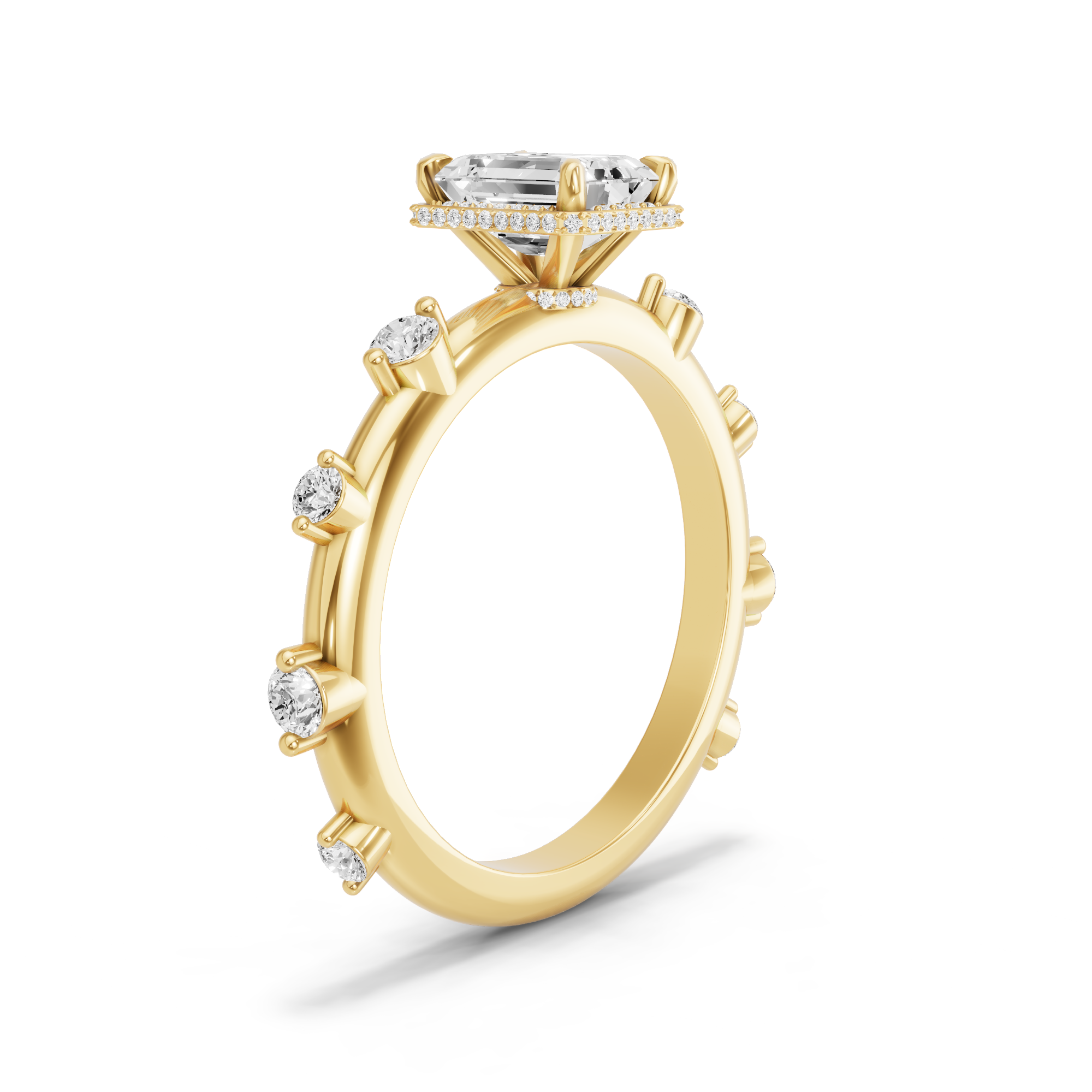 Image for Emerald Dual Halo Ring with Floating Station band in 14K Yellow Gold