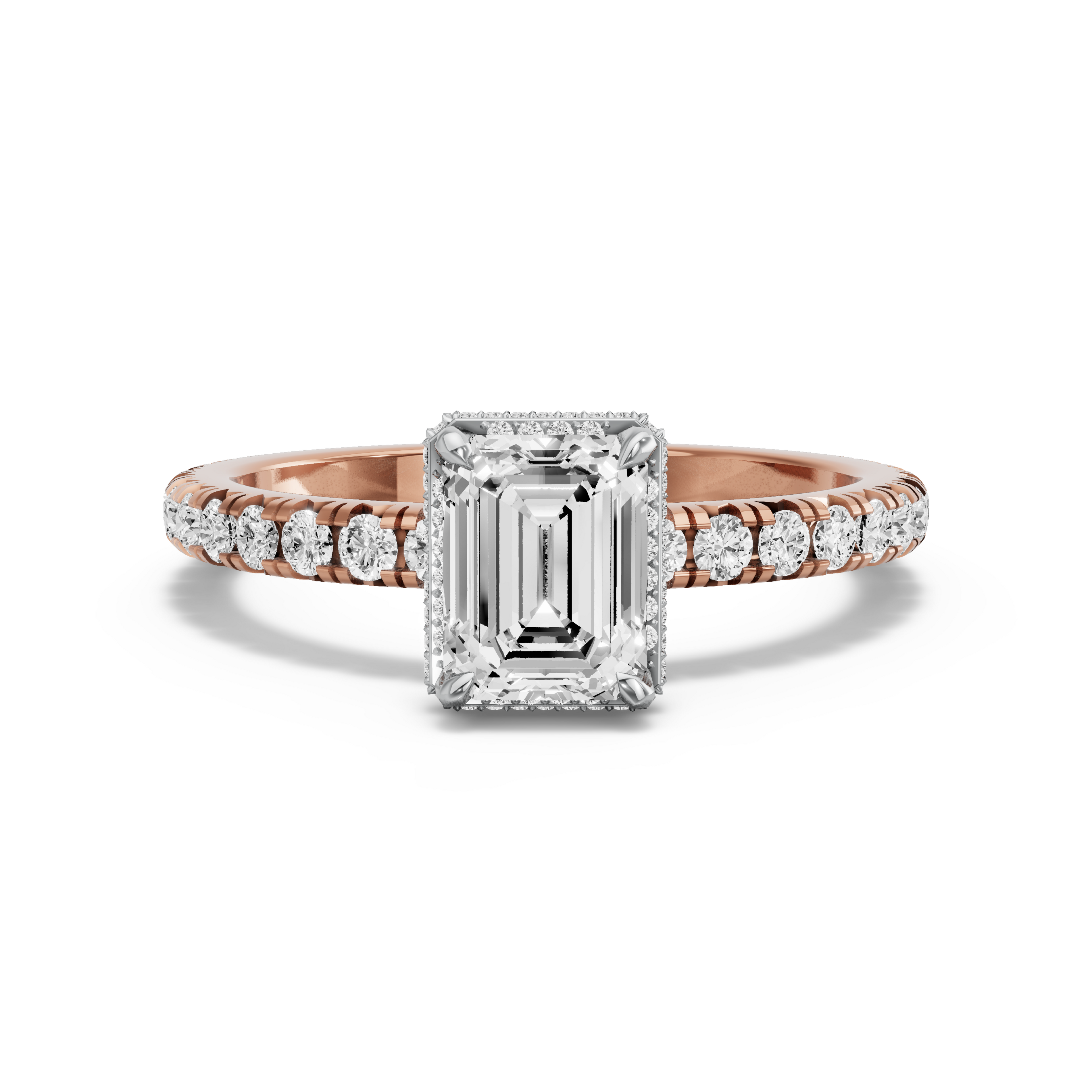 Image for Emerald Dual Halo Ring with French Pave band in 14K Two Tone Rose Gold