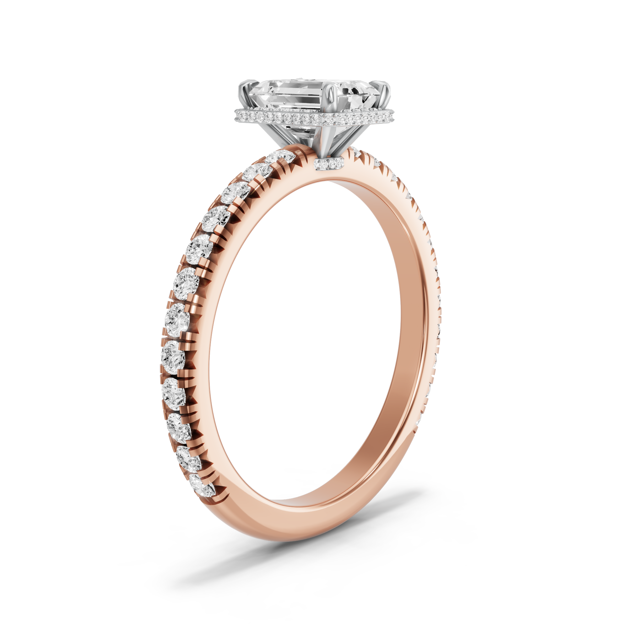 Image for Emerald Dual Halo Ring with French Pave band in 10K Two Tone Rose Gold