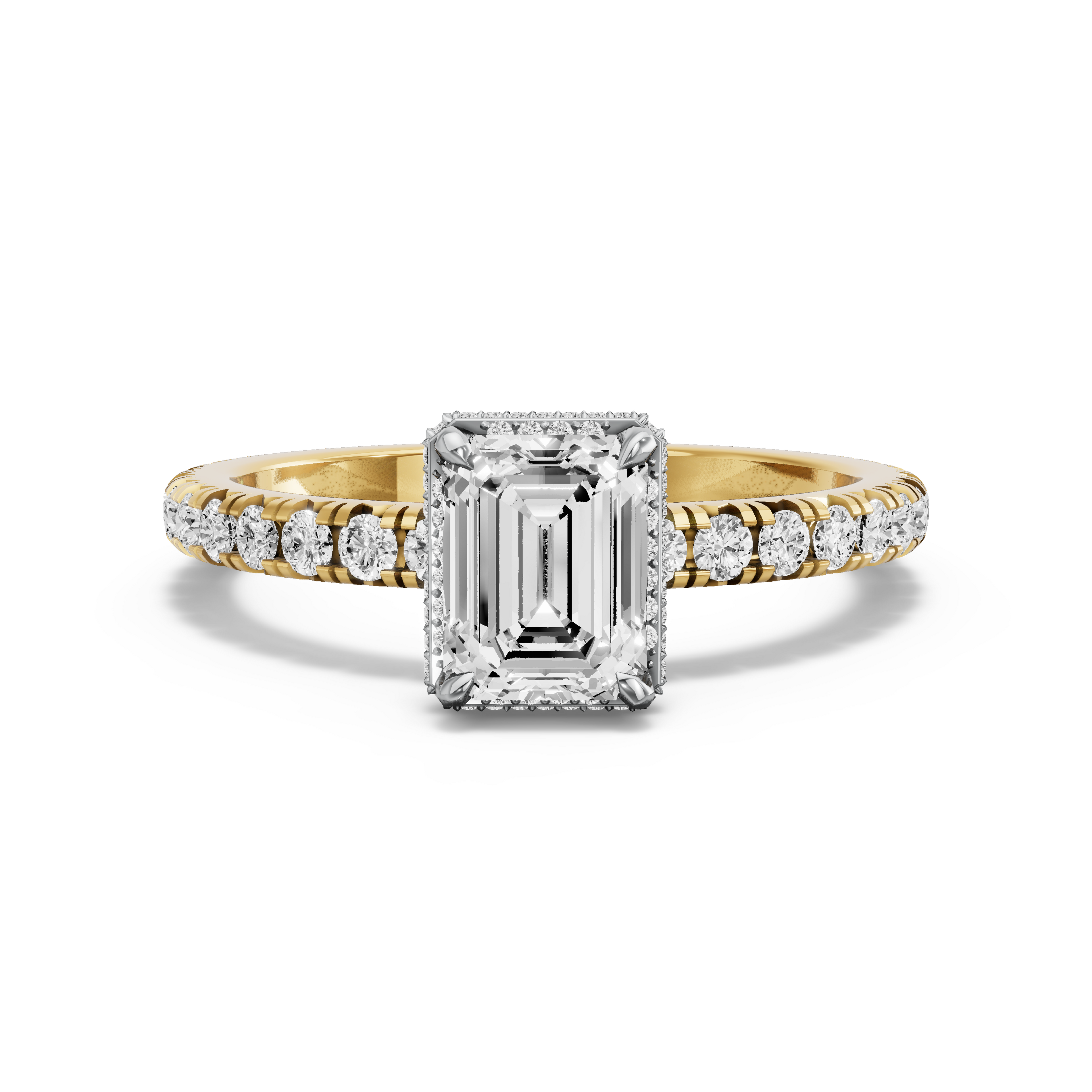 Image for Emerald Dual Halo Ring with French Pave band in 10K Two Tone Yellow Gold