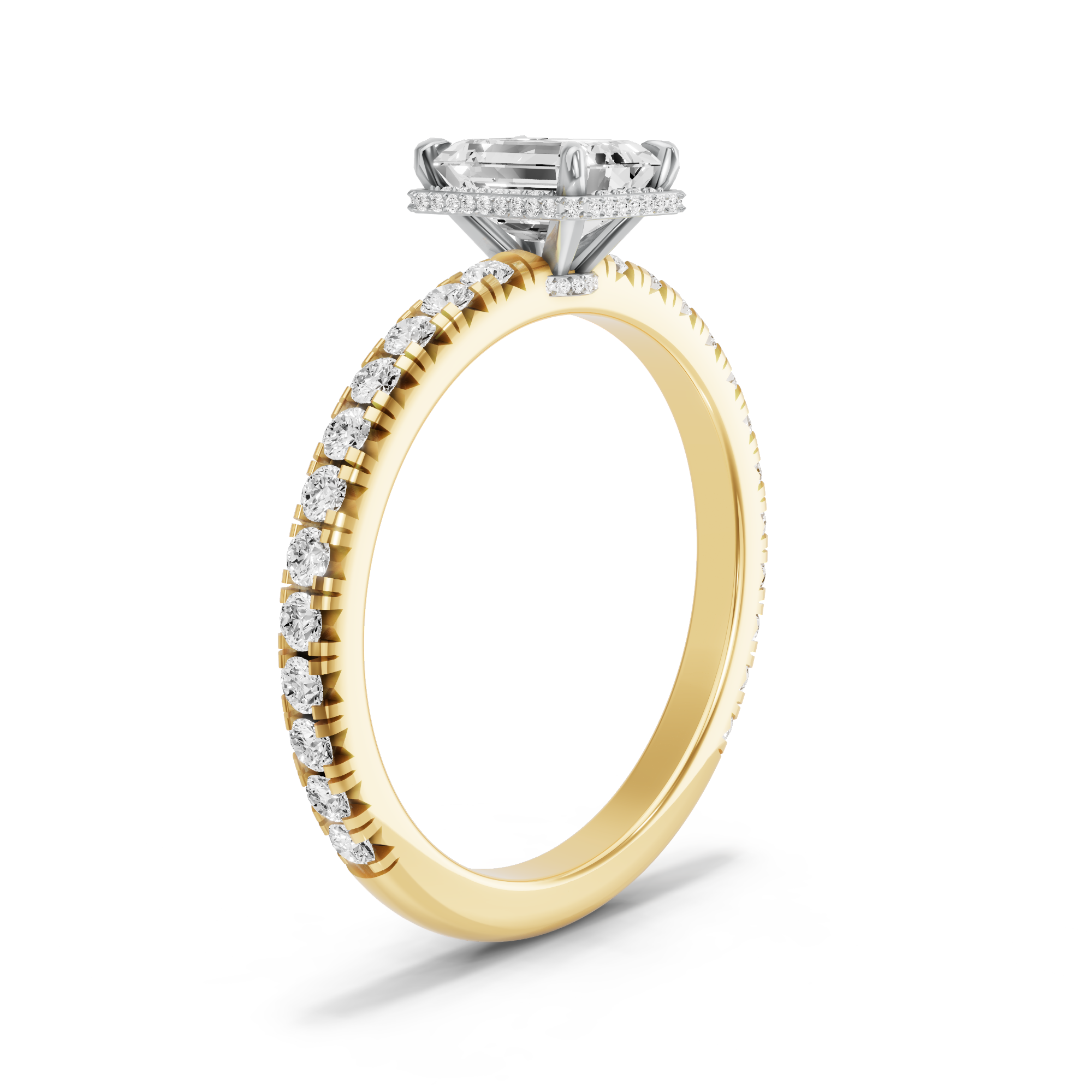 Image for Emerald Dual Halo Ring with French Pave band in 10K Two Tone Yellow Gold