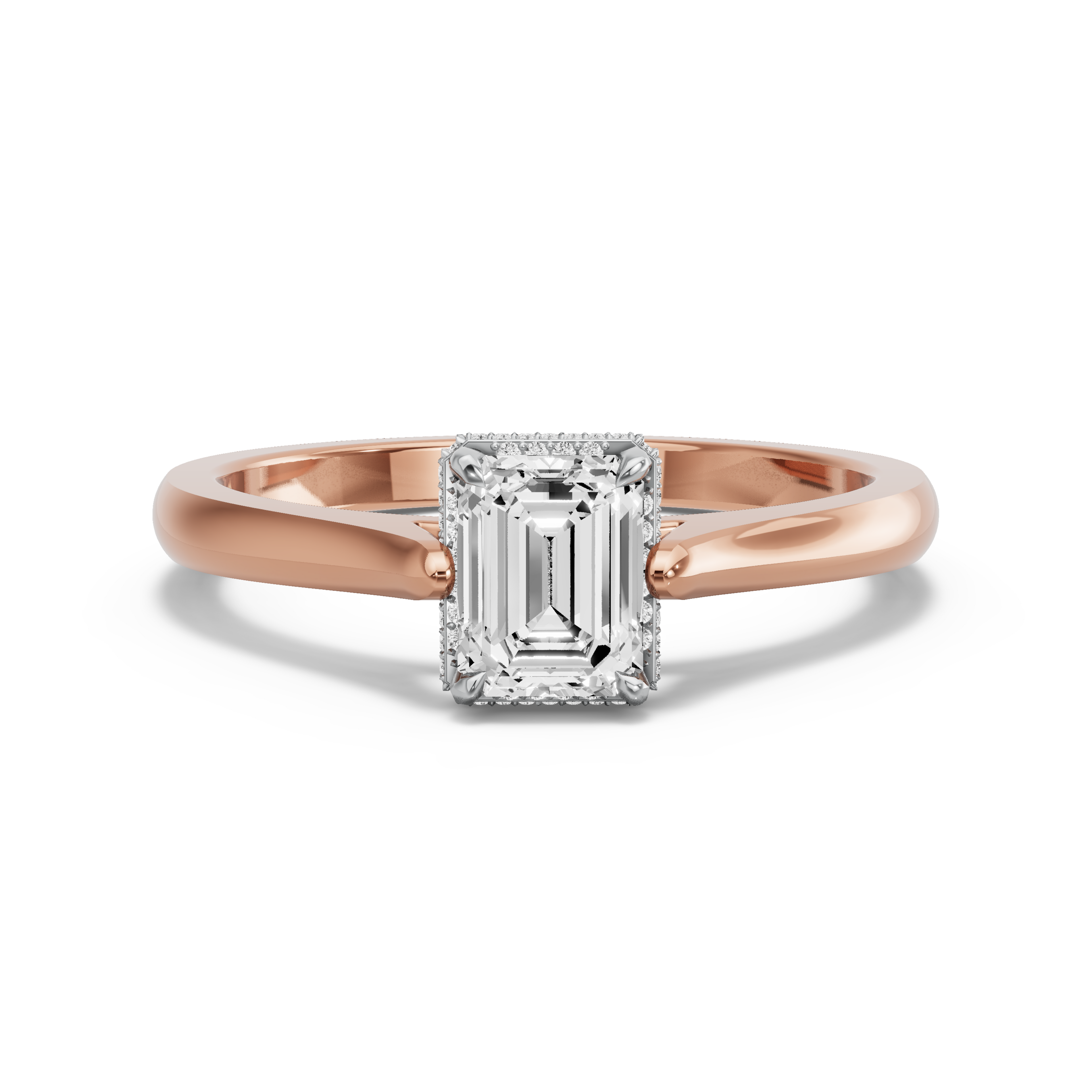 Image for Emerald Dual Halo Ring with Knife Edge Cathedral band in 18K Two Tone Rose Gold