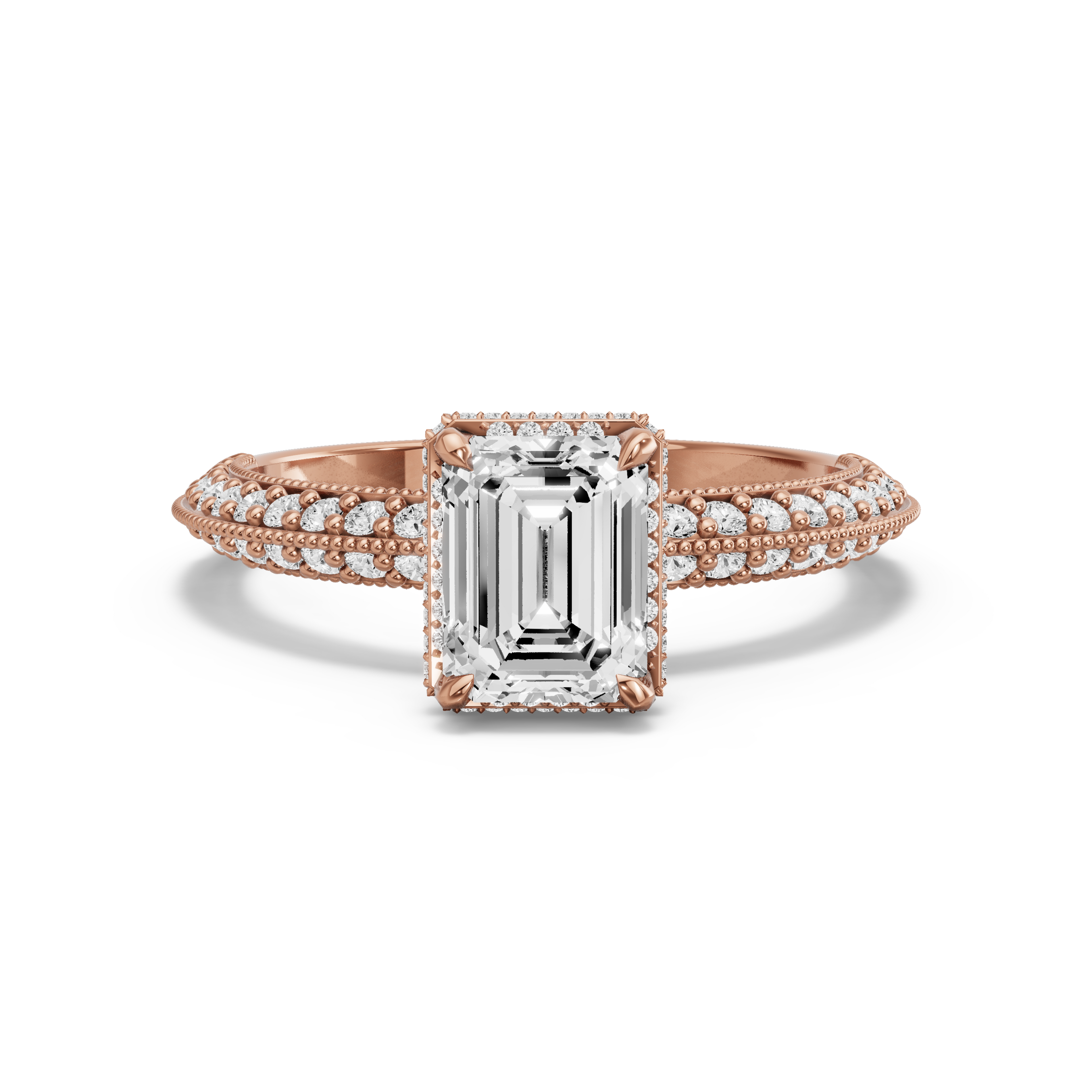 Image for Emerald Dual Halo Ring with Knife Edge Pave band in 18K Rose Gold